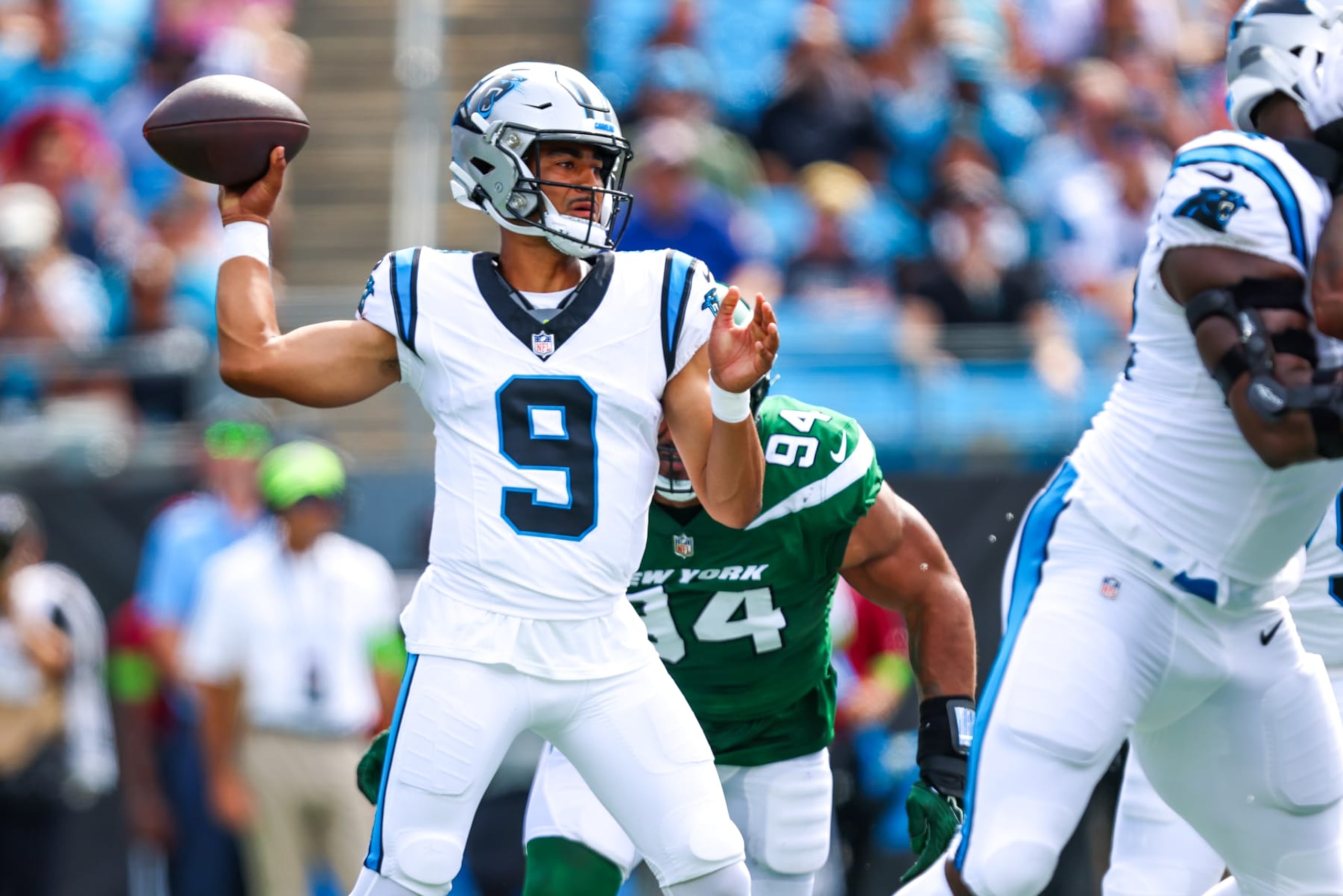 CHARLOTTE, NC - AUGUST 12: Bryce Young #9 of the Carolina Panthers passes the ball during an NFL preseason game against the New York Jets at Bank of America Stadium in Charlotte, North Carolina, on Aug 12, 2023. (Photo by David Jensen/Icon Sportswire via Getty Images)