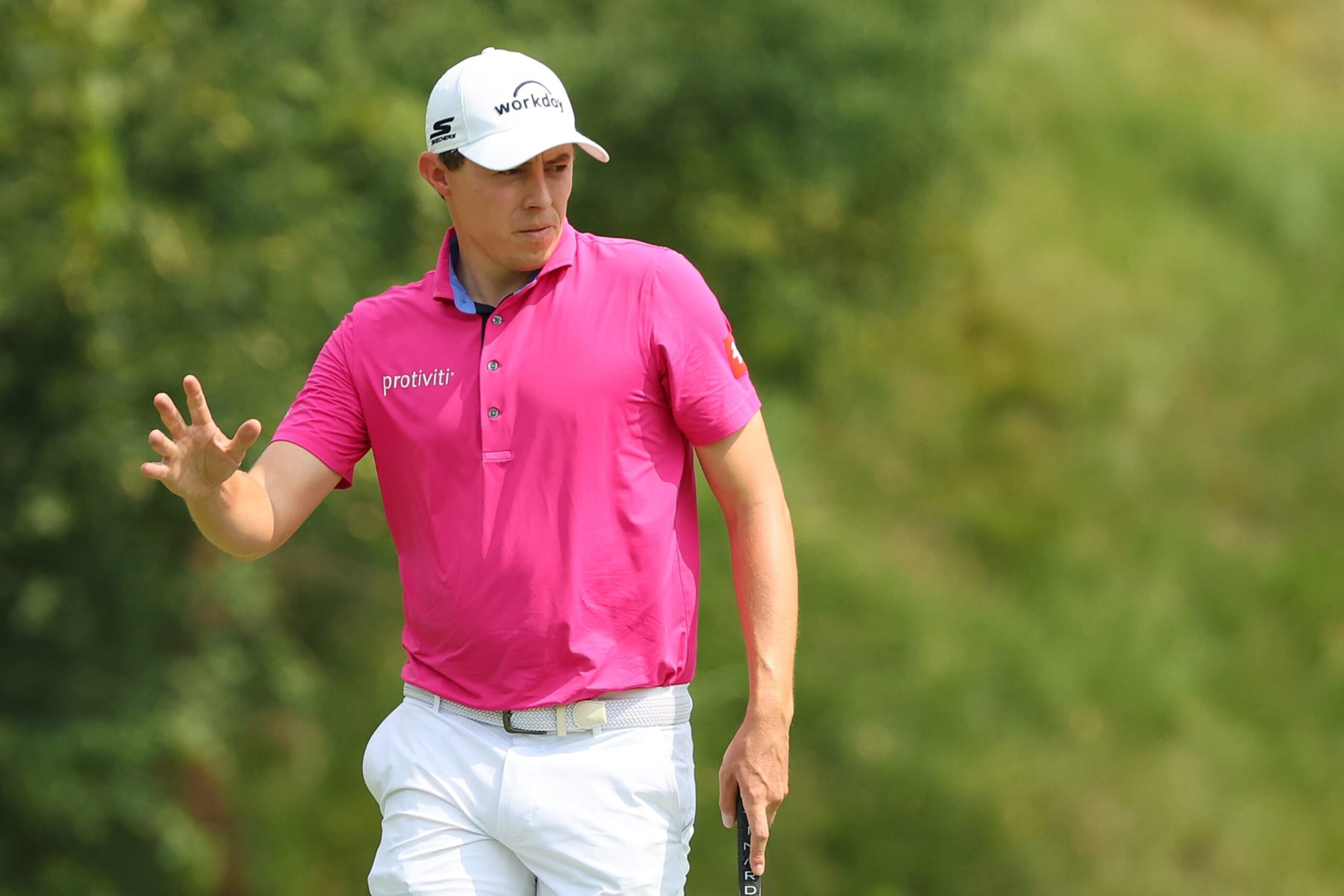 OLYMPIA FIELDS, ILLINOIS - AUGUST 18: Matt Fitzpatrick of England reacts to his birdie putt on the 16th green during the second round of the BMW Championship at Olympia Fields Country Club on August 18, 2023 in Olympia Fields, Illinois. (Photo by Stacy Revere/Getty Images)