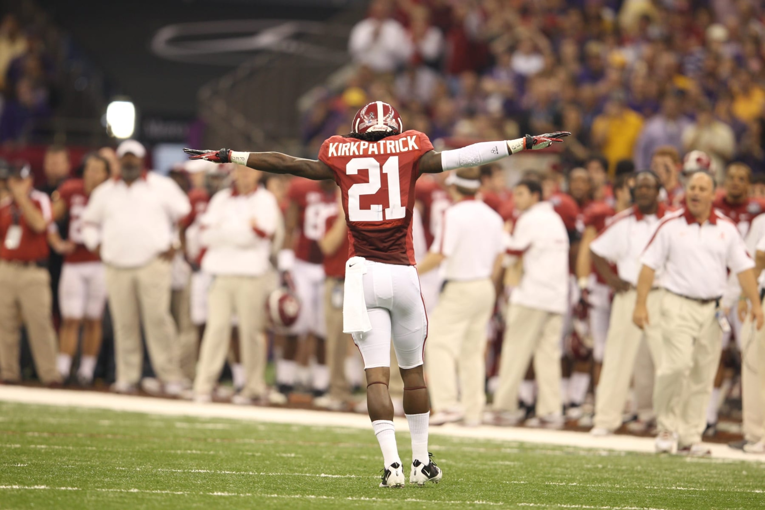 NEW ORLEANS, LA - JANUARY 09:  Dre Kirkpatrick #21 of the Alabama Crimson Tide in action against the Louisiana State University Tigers in the 2012 Allstate BCS National Championship Game at Mercedes-Benz Superdome on January 9, 2012 in New Orleans, Louisiana. Alabama won the game 21-0.(Photo by Tom Hauck/Getty Images)