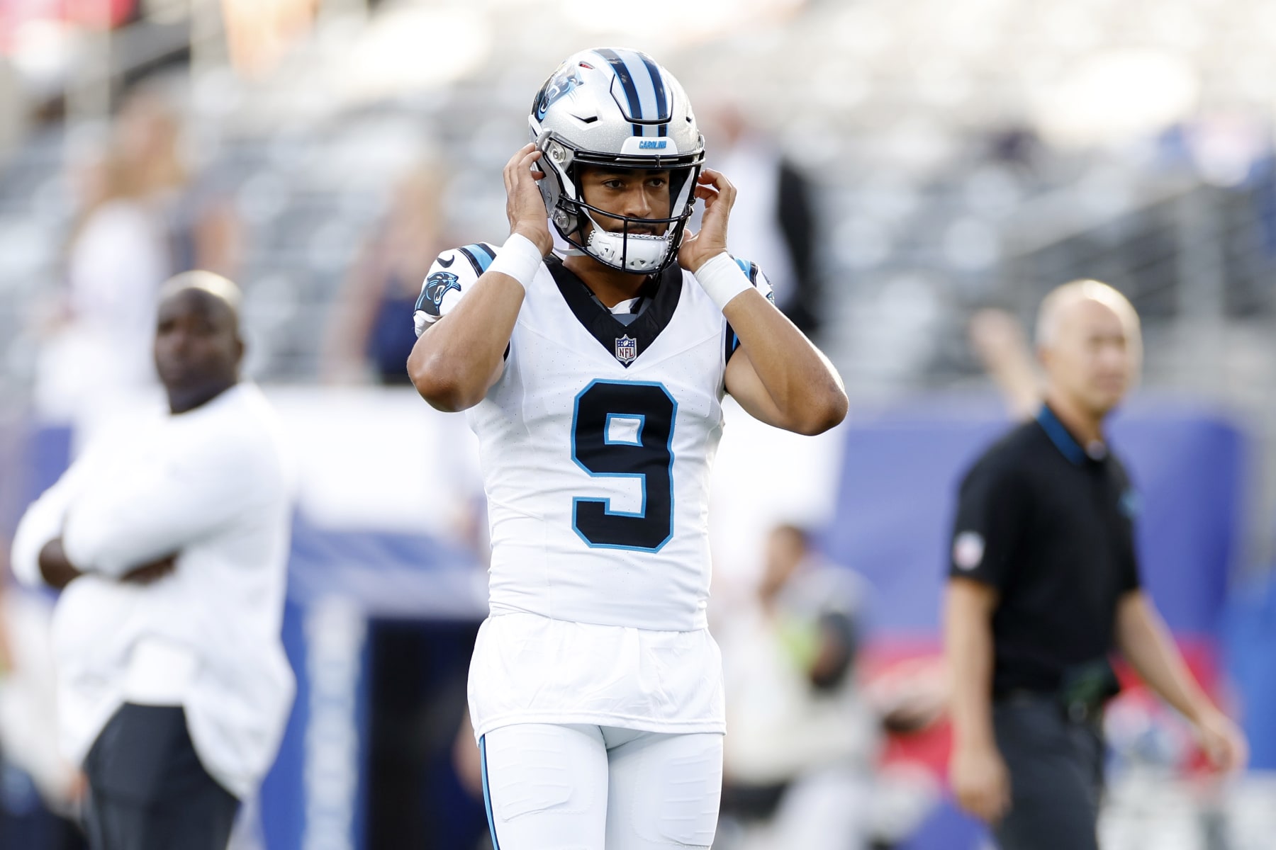 EAST RUTHERFORD, NEW JERSEY - AUGUST 18: Bryce Young #9 of the Carolina Panthers throws a pass during warmups before the preseason game against the New York Giants at MetLife Stadium on August 18, 2023 in East Rutherford, New Jersey. (Photo by Sarah Stier/Getty Images)