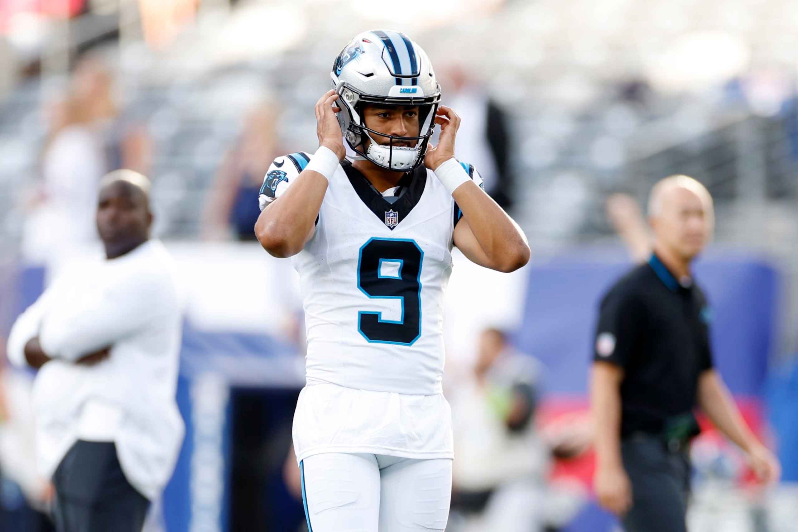 EAST RUTHERFORD, NEW JERSEY - AUGUST 18: Bryce Young #9 of the Carolina Panthers throws a pass during warmups before the preseason game against the New York Giants at MetLife Stadium on August 18, 2023 in East Rutherford, New Jersey. (Photo by Sarah Stier/Getty Images)