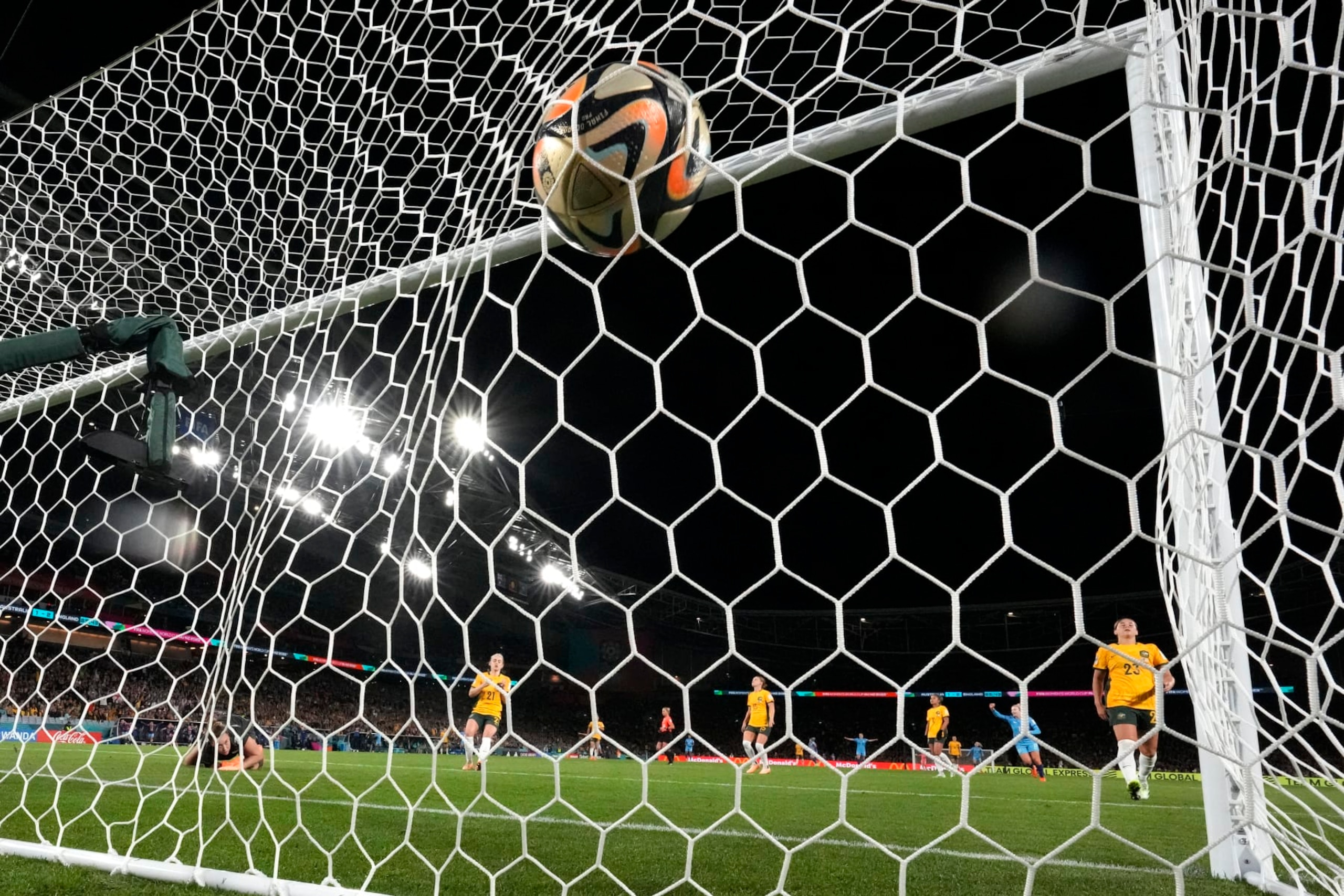 Australia's goalkeeper Mackenzie Arnold dives but fails to save the goal from England's Alessia Russo during the Women's World Cup semifinal soccer match between Australia and England at Stadium Australia in Sydney, Australia, Wednesday, Aug. 16, 2023. (AP Photo/Alessandra Tarantino) Australia's goalkeeper Mackenzie Arnold dives but fails to save the goal from England's Alessia Russo during the Women's World Cup semifinal soccer match between Australia and England at Stadium Australia in Sydney, Australia, Wednesday, Aug. 16, 2023. (AP Photo/Alessandra Tarantino)