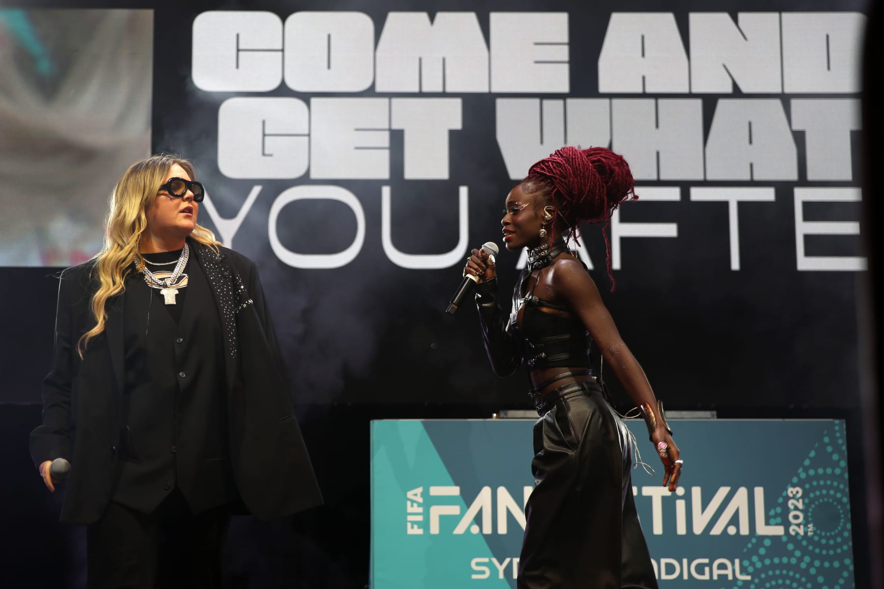 SYDNEY, AUSTRALIA - AUGUST 15: Tones And I, BIA, and Diarra Sylla at FIFA Fan Festival on August 15, 2023, in Sydney, Australia. (Photo by Maryam Majd/Getty Images)