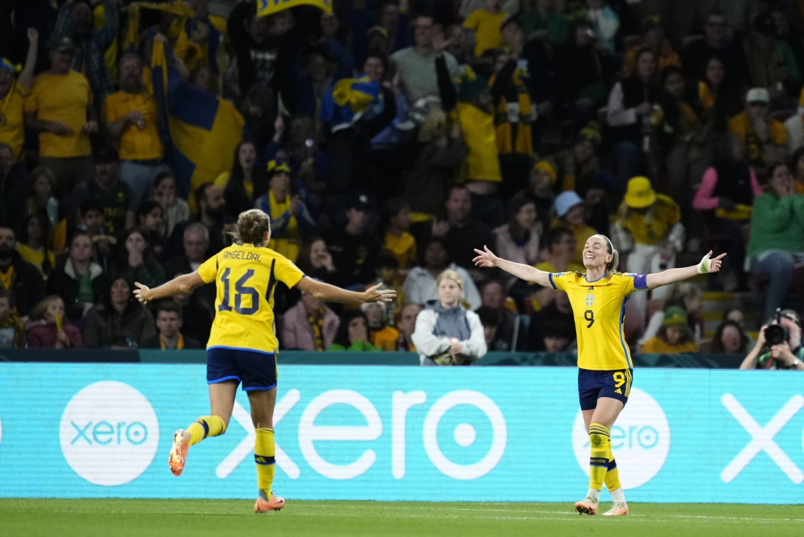 BRISBANE - AUSTRALIA - AUGUST 19: Filippa Angeldal (16) and Kosovare Asllani (9) of Sweden celebrate after scoring a goal during the FIFA Women's World Cup 2023 Third Place Match between Australia and Sweden at Brisbane Stadium in Brisbane, Australia on August 19, 2023.   (Photo by Jose Hernandez/Anadolu Agency via Getty Images)