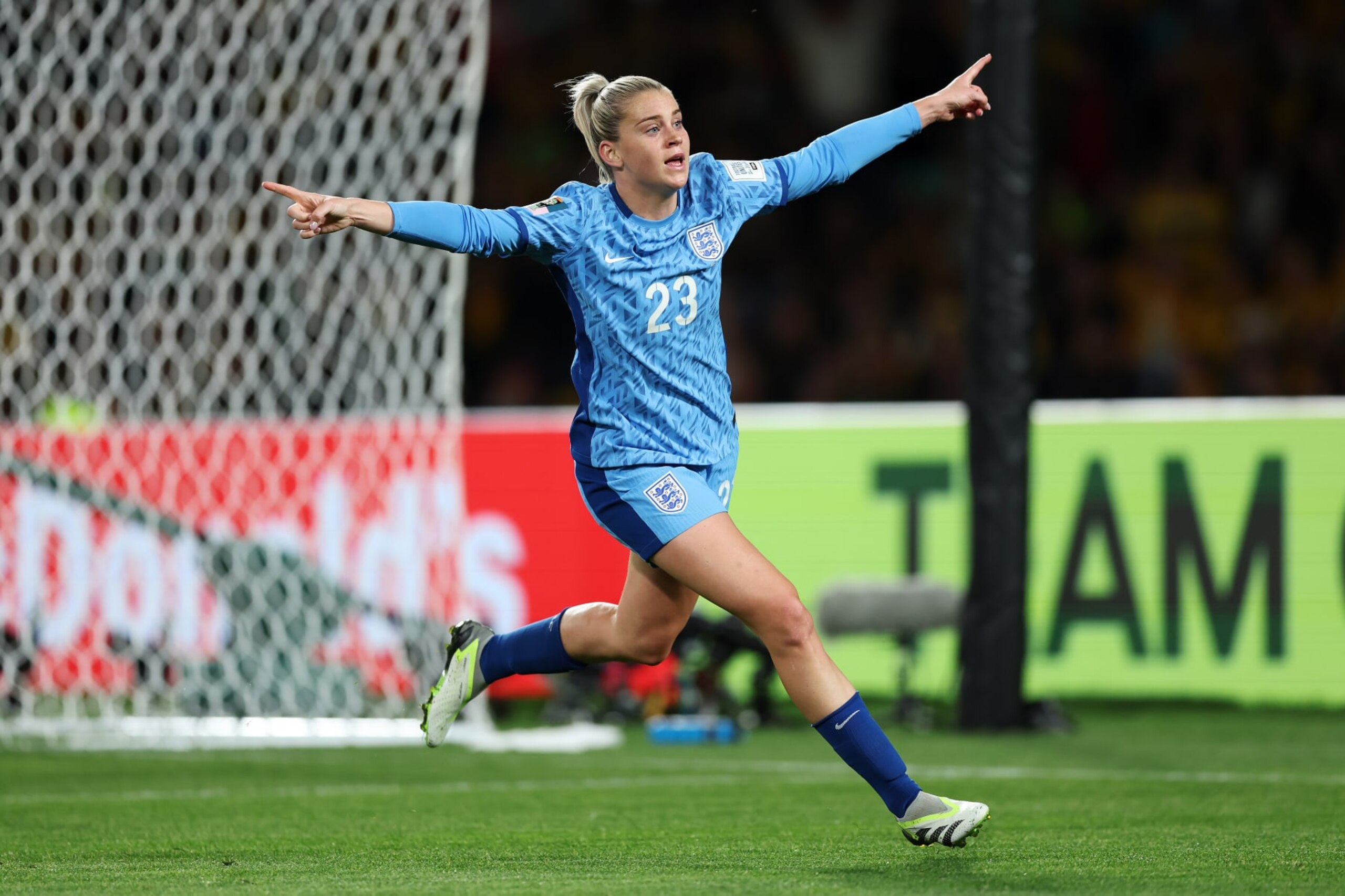 SYDNEY, AUSTRALIA - AUGUST 16: Alessia Russo of England celebrates after scoring her team's third goal during the FIFA Women's World Cup Australia & New Zealand 2023 Semi Final match between Australia and England at Stadium Australia on August 16, 2023 in Sydney, Australia. (Photo by Mark Metcalfe - FIFA/FIFA via Getty Images)