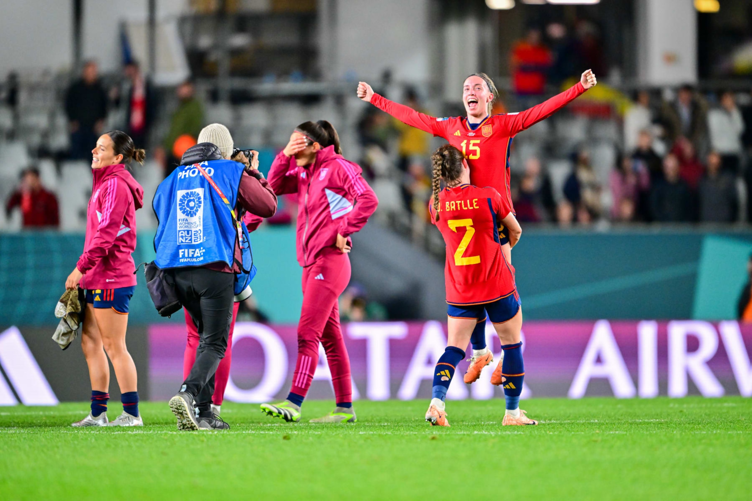 Eva Navarro top of Spain celebrates after winning the semi-final match between Spain and Sweden at the FIFA Women's World Cup Australia & New Zealand 2023 in Auckland, New Zealand, Aug. 15, 2023. (Photo by Zhu Wei/Xinhua via Getty Images)