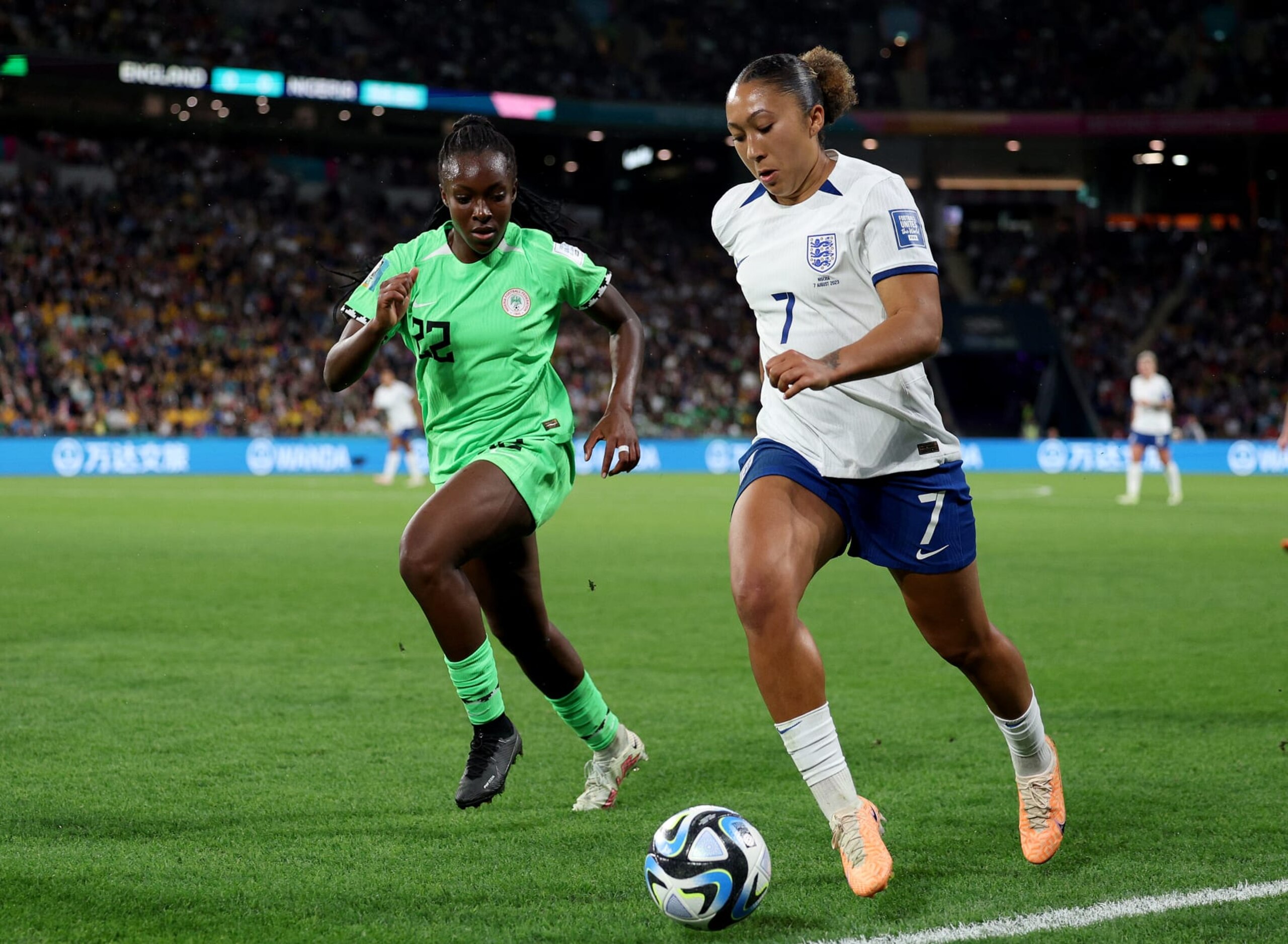 BRISBANE, AUSTRALIA - AUGUST 07: Lauren James of England and Michelle Alozie of Nigeria battle for the ball during the FIFA Women's World Cup Australia & New Zealand 2023 Round of 16 match between England and Nigeria at Brisbane Stadium on August 07, 2023 in Brisbane, Australia. (Photo by Elsa - FIFA/FIFA via Getty Images)