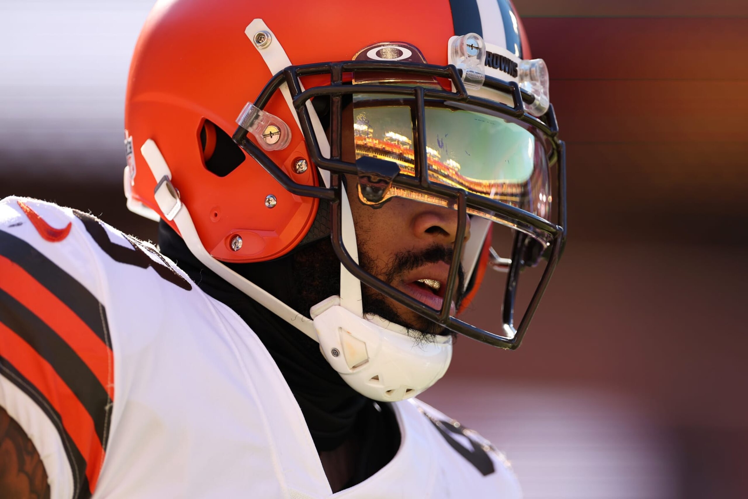 LANDOVER, MARYLAND - JANUARY 01: John Johnson III #43 of the Cleveland Browns looks on before playing against the Washington Commanders at FedExField on January 01, 2023 in Landover, Maryland. (Photo by Scott Taetsch/Getty Images)