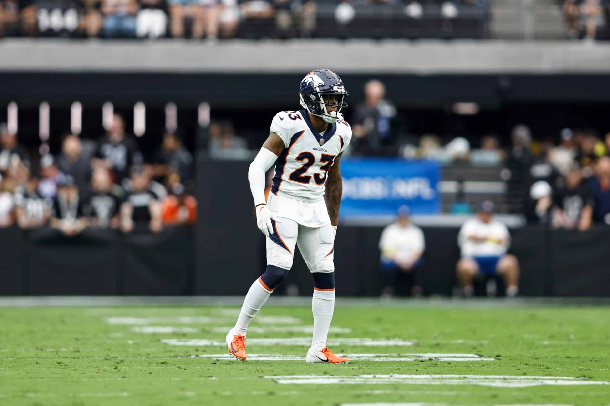 LAS VEGAS, NEVADA - OCTOBER 02: Ronald Darby #23 of the Denver Broncos lines up during an NFL football game between the Las Vegas Raiders and the Denver Broncos at Allegiant Stadium on October 02, 2022 in Las Vegas, Nevada. (Photo by Michael Owens/Getty Images)