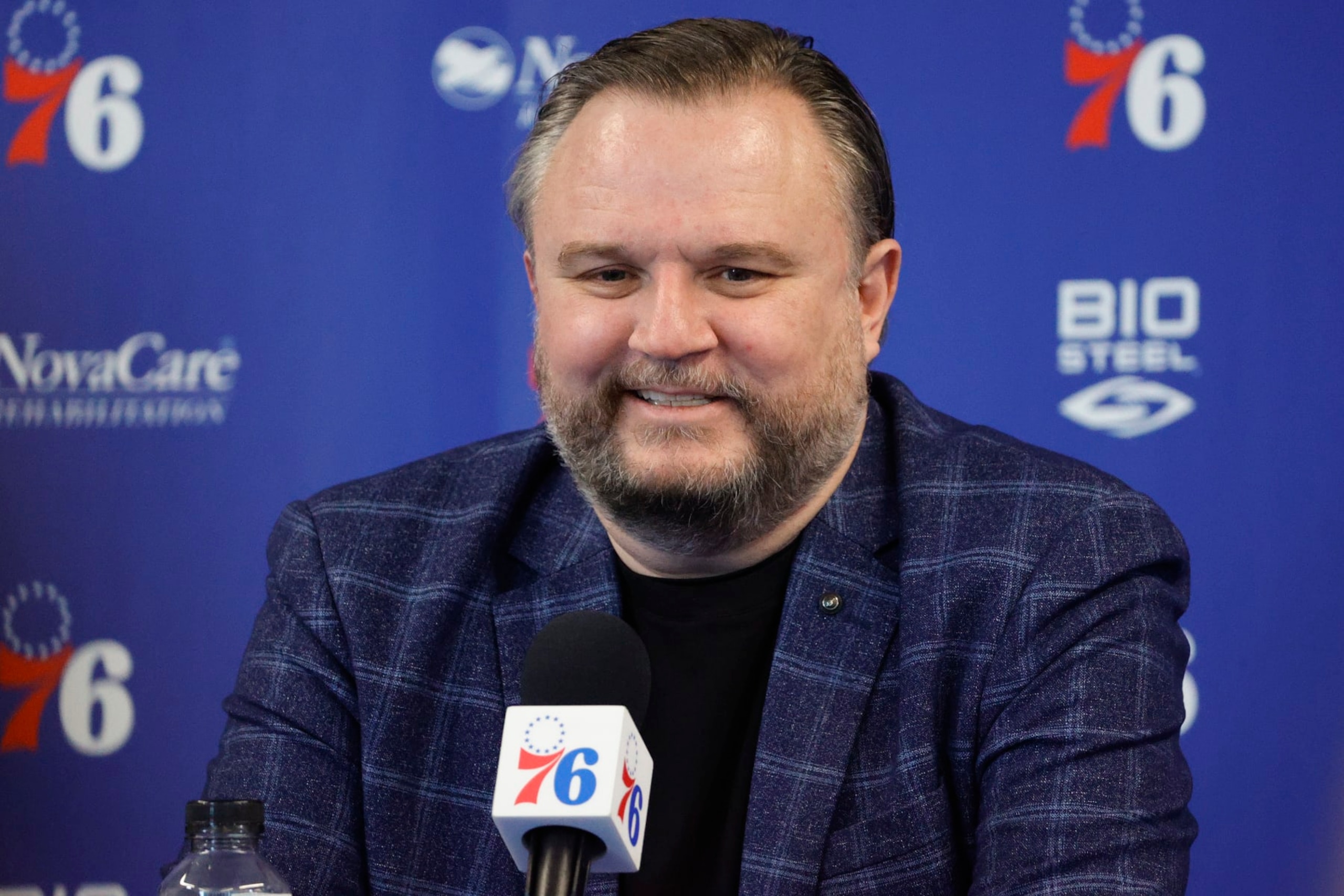 CAMDEN, NEW JERSEY - FEBRUARY 15: President of basketball operations Daryl Morey looks on during a press conference at the Seventy Sixers Practice Facility on February 15, 2022 in Camden, New Jersey. (Photo by Tim Nwachukwu/Getty Images) NOTE TO USER: User expressly acknowledges and agrees that, by downloading and or using this photograph, User is consenting to the terms and conditions of the Getty Images License Agreement.