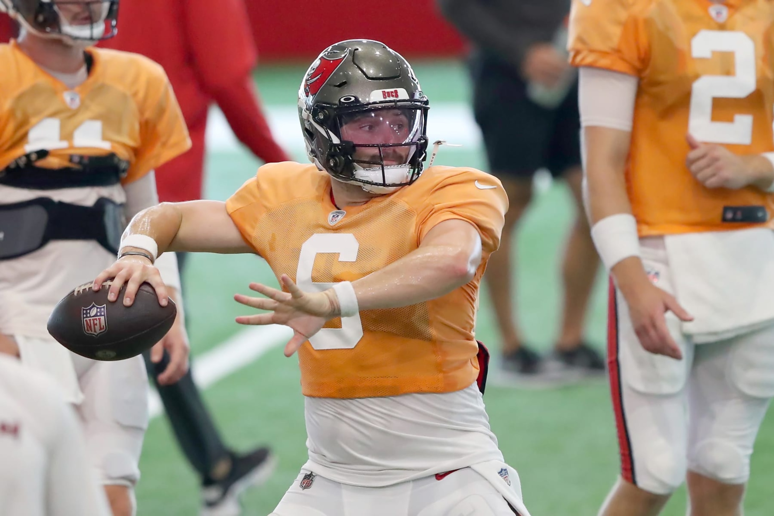 TAMPA, FL - AUG 13: Tampa Bay Buccaneers Quarterback Baker Mayfield (6) goes thru a drill during Training Camp on August 13, 2023 at the AdventHealth Training Center at One Buccaneer Place in Tampa, Florida. (Photo by Cliff Welch/Icon Sportswire via Getty Images)