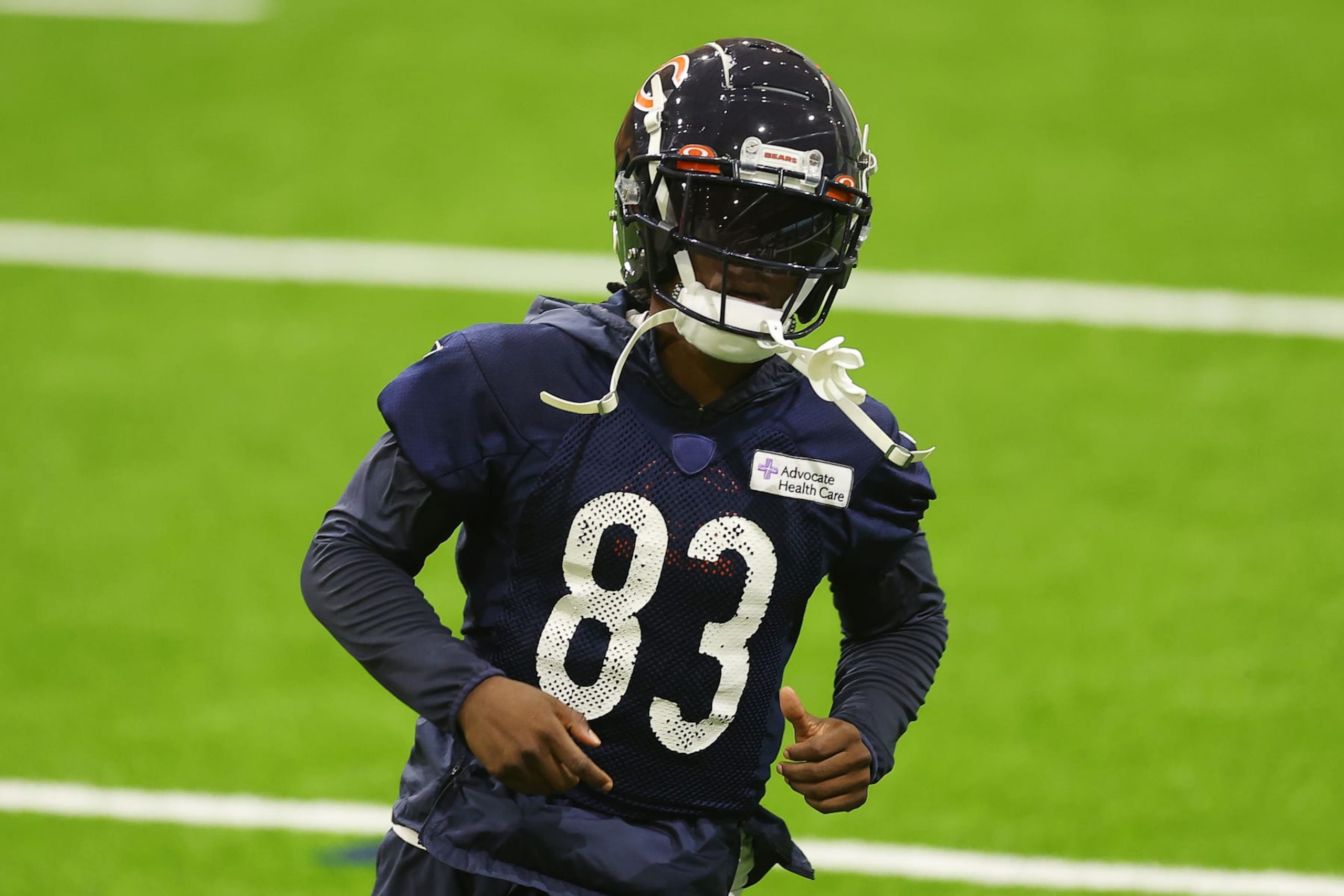 LAKE FOREST, ILLINOIS - JULY 26:  Nsimba Webster #83 of the Chicago Bears looks on during training camp at Halas Hall on July 26, 2023 in Lake Forest, Illinois. (Photo by Michael Reaves/Getty Images)
