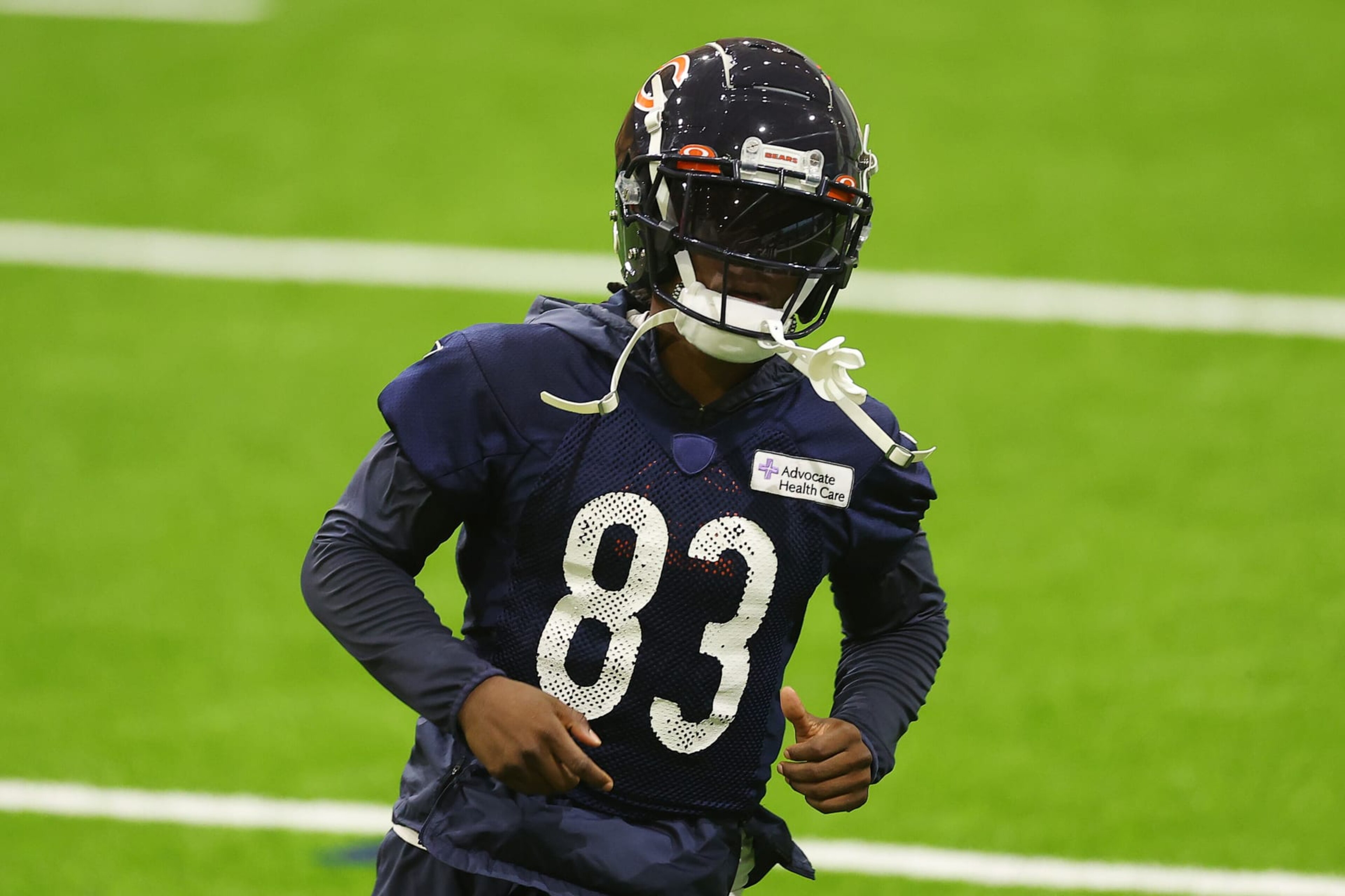 LAKE FOREST, ILLINOIS - JULY 26: Nsimba Webster #83 of the Chicago Bears looks on during training camp at Halas Hall on July 26, 2023 in Lake Forest, Illinois. (Photo by Michael Reaves/Getty Images) LAKE FOREST, ILLINOIS - JULY 26: Nsimba Webster #83 of the Chicago Bears looks on during training camp at Halas Hall on July 26, 2023 in Lake Forest, Illinois. (Photo by Michael Reaves/Getty Images)