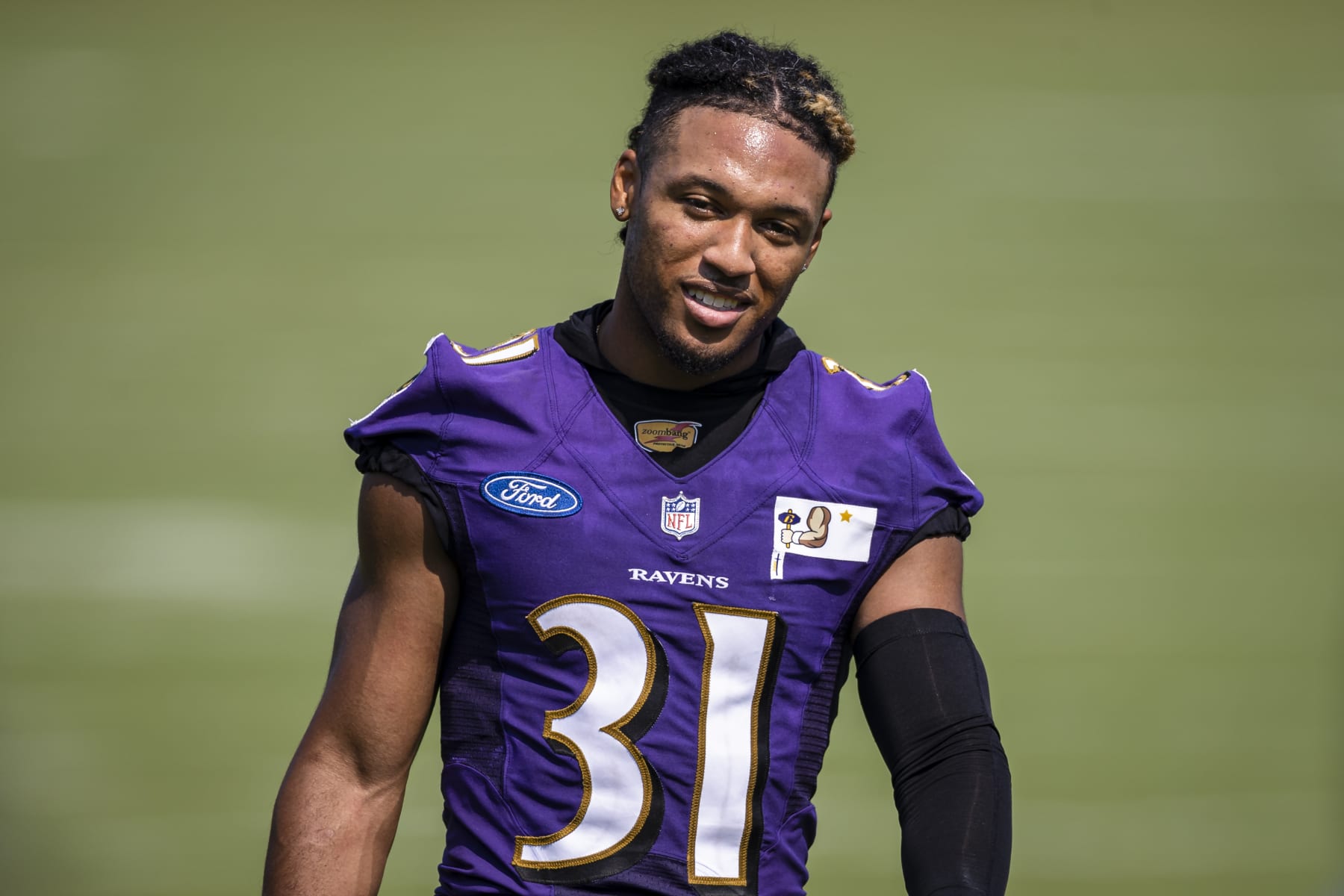 OWINGS MILLS, MD - JULY 28: Khalil Dorsey #31 of the Baltimore Ravens looks on during training camp at Under Armour Performance Center Baltimore Ravens on July 28, 2021 in Owings Mills, Maryland. (Photo by Scott Taetsch/Getty Images)