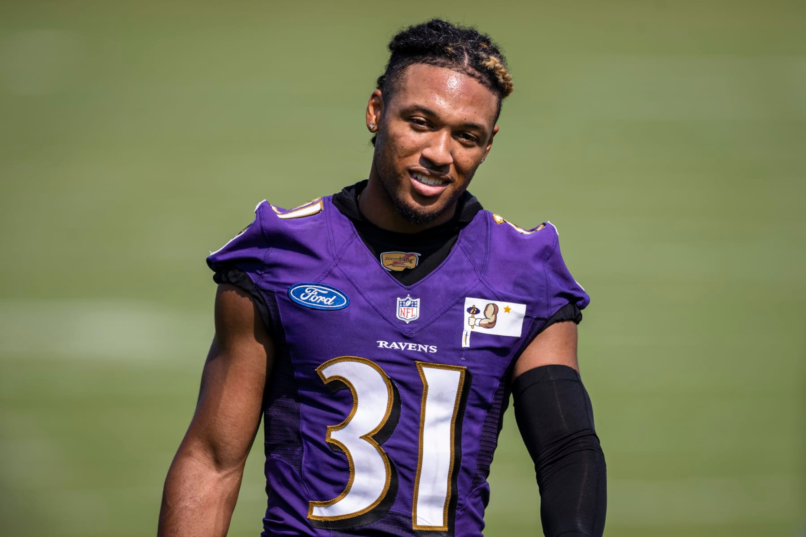 OWINGS MILLS, MD - JULY 28: Khalil Dorsey #31 of the Baltimore Ravens looks on during training camp at Under Armour Performance Center Baltimore Ravens on July 28, 2021 in Owings Mills, Maryland. (Photo by Scott Taetsch/Getty Images)