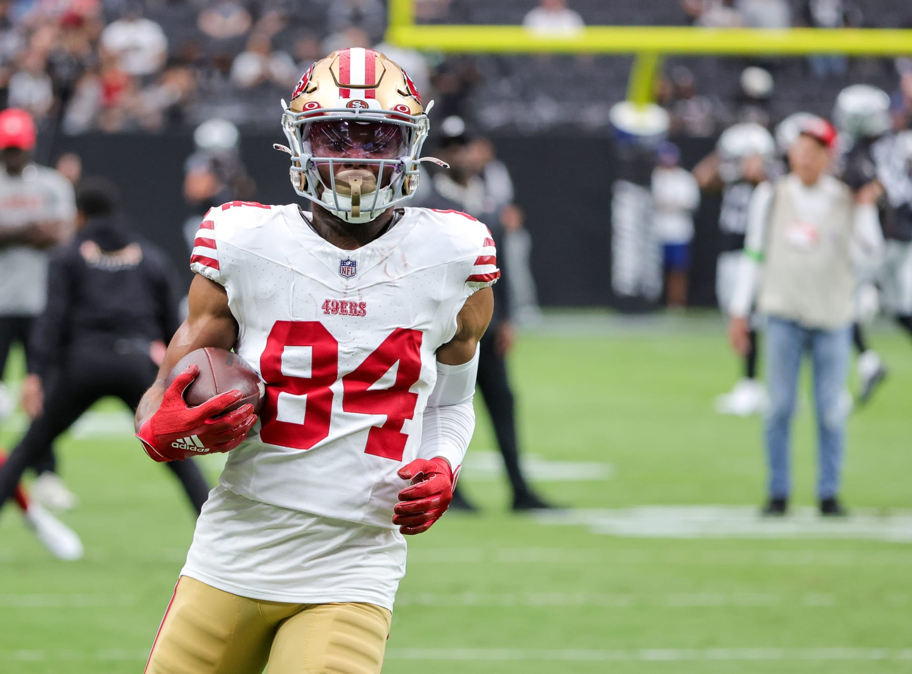LAS VEGAS, NEVADA - AUGUST 13: Wide receiver Dazz Newsome #84 of the San Francisco 49ers warms up before a preseason game against the Las Vegas Raiders at Allegiant Stadium on August 13, 2023 in Las Vegas, Nevada. The Raiders defeated the 49ers 34-7. (Photo by Ethan Miller/Getty Images)