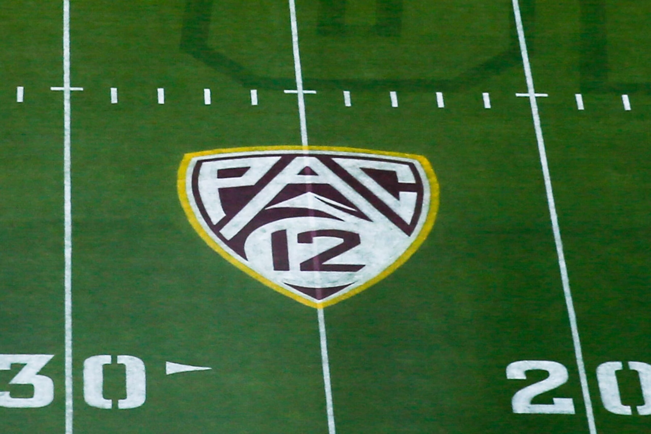 TEMPE, AZ - SEPTEMBER 17:  The PAC 12 logo on the field before the college football game between the Eastern Michigan Eagles and the Arizona State Sun Devils on September 17, 2022 at Sun Devil Stadium in Tempe, Arizona. (Photo by Kevin Abele/Icon Sportswire via Getty Images)