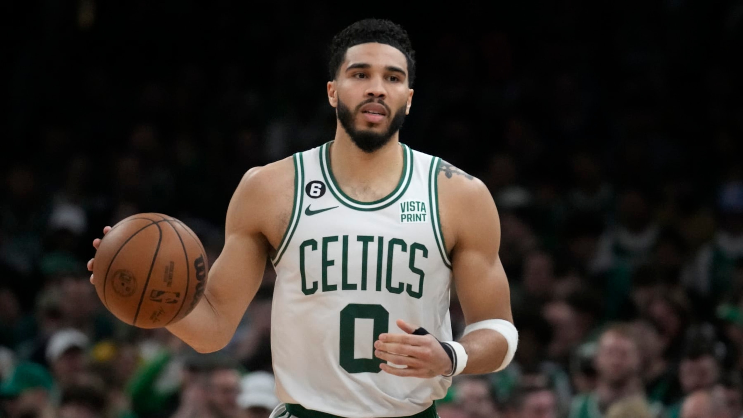 Boston Celtics forward Jayson Tatum (0) during Game 2 of the NBA basketball Eastern Conference Finals series, Friday, May 19, 2023, in Boston. (AP Photo/Charles Krupa)