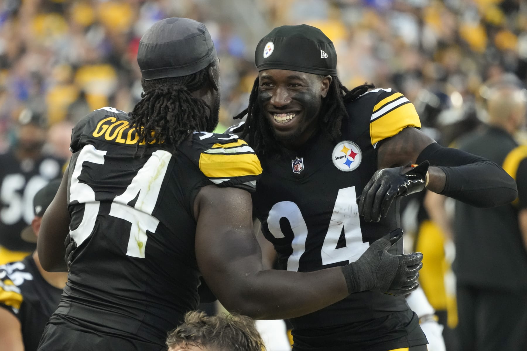 Pittsburgh Steelers cornerback Joey Porter Jr. (24) celebrates after an interception in the first half of an NFL preseason football game against the Buffalo Bills, in Pittsburgh, Saturday, Aug. 19, 2023. (AP Photo/Gene Puskar)