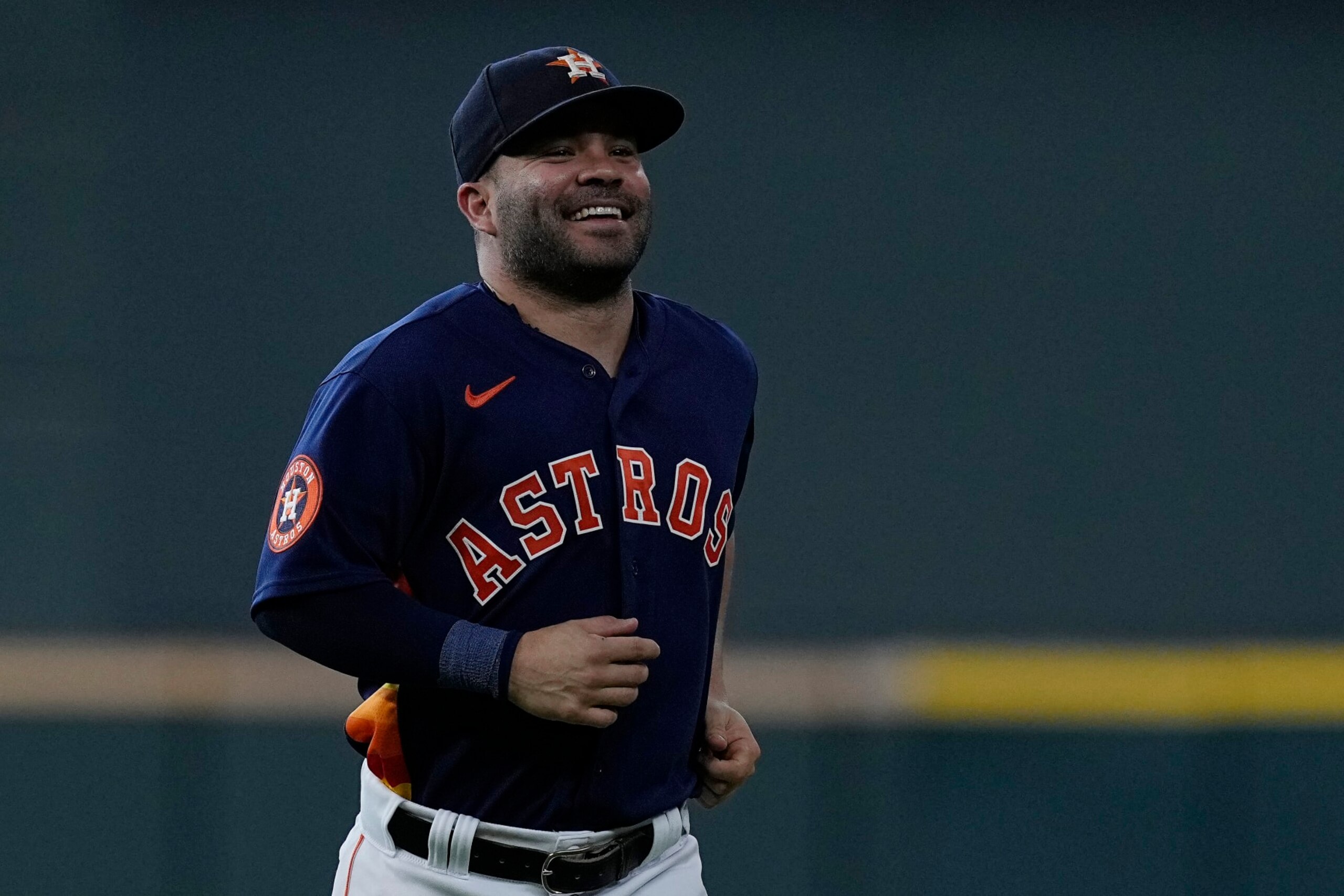 Houston Astros second baseman Jose Altuve warms up before a baseball game against the Seattle Mariners, Saturday, Aug. 19, 2023, in Houston. (AP Photo/Kevin M. Cox)