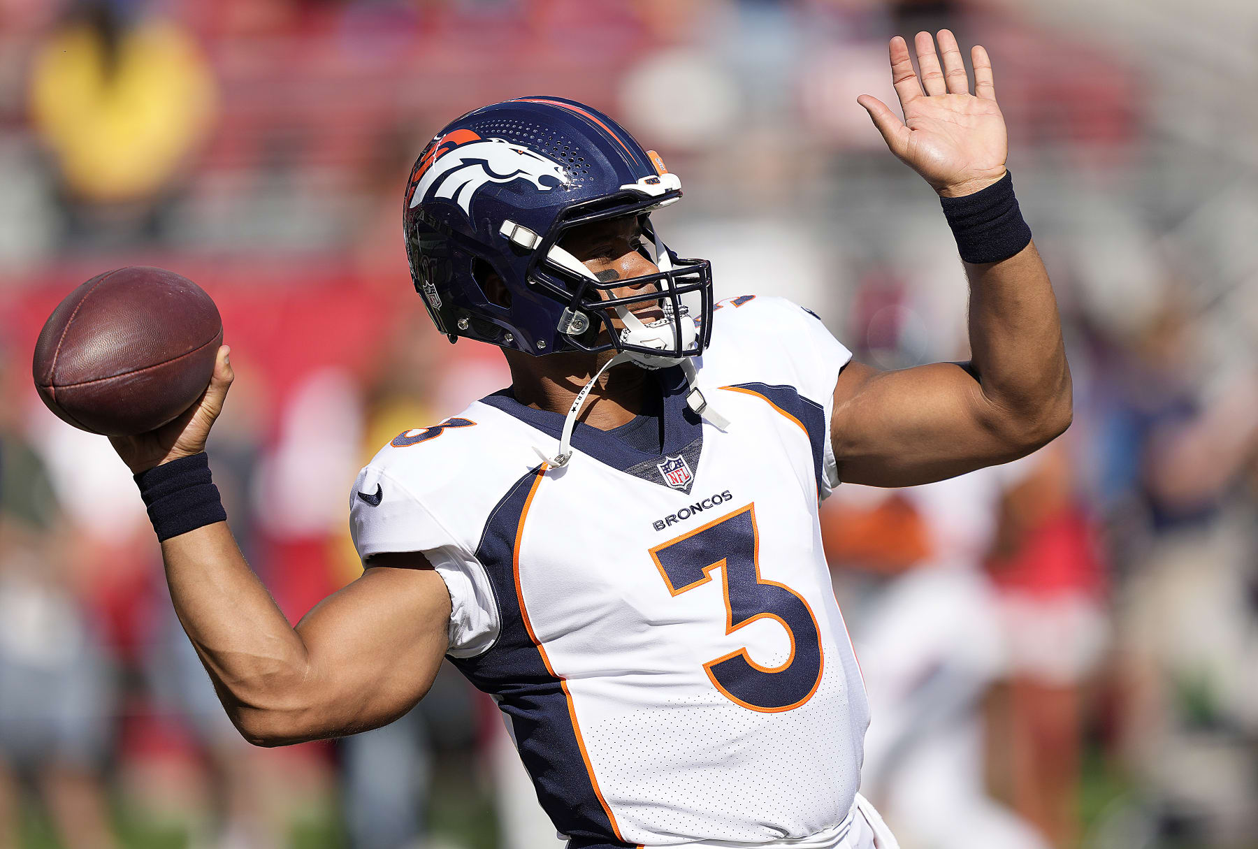 SANTA CLARA, CALIFORNIA - AUGUST Russell Wilson #3 of the Denver Broncos warms up during pregame warm ups prior to playing the San Francisco 49ers at Levi's Stadium on August 19, 2023 in Santa Clara, California. (Photo by Thearon W. Henderson/Getty Images)