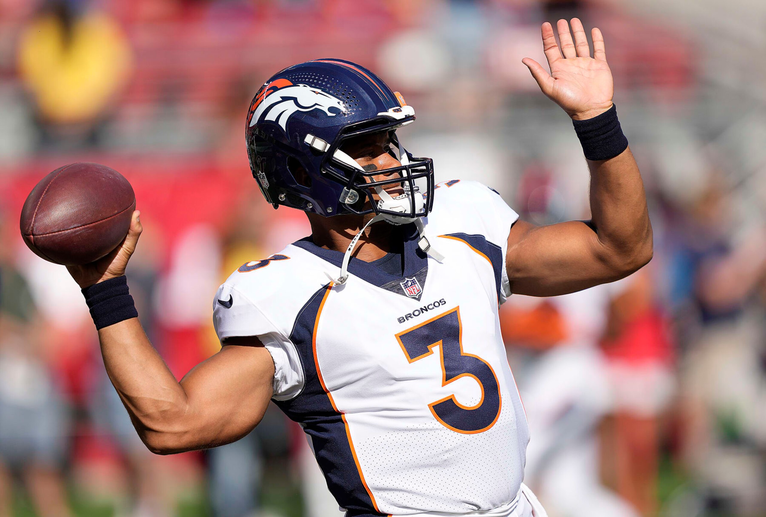 SANTA CLARA, CALIFORNIA - AUGUST Russell Wilson #3 of the Denver Broncos warms up during pregame warm ups prior to playing the San Francisco 49ers at Levi's Stadium on August 19, 2023 in Santa Clara, California. (Photo by Thearon W. Henderson/Getty Images)