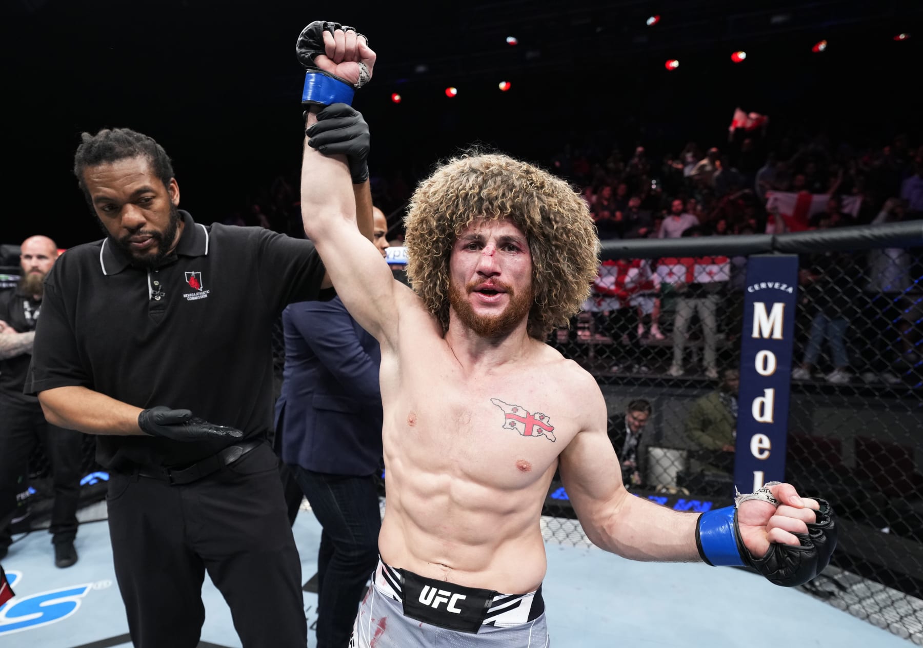 LAS VEGAS, NEVADA - MARCH 11: Merab Dvalishvili of Georgia reacts after his unanimous-decision victory over Petr Yan of Russia in a bantamweight fight during the UFC Fight Night event at The Theater at Virgin Hotels Las Vegas on March 11, 2023 in Las Vegas, Nevada. (Photo by Chris Unger/Zuffa LLC via Getty Images)