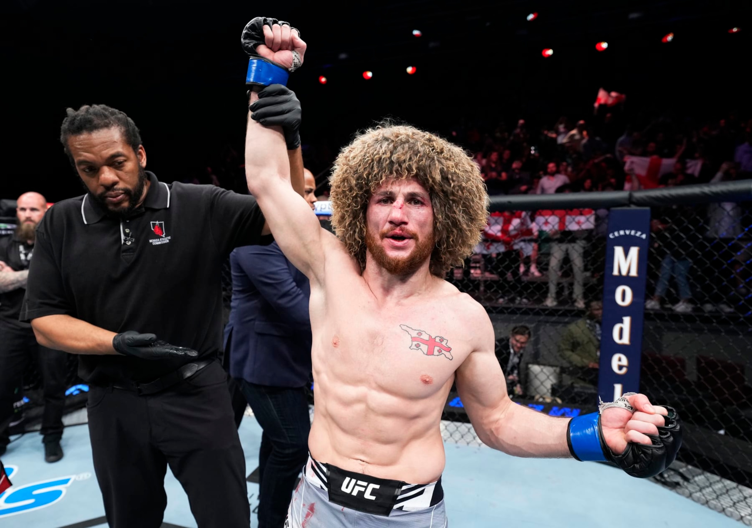 LAS VEGAS, NEVADA - MARCH 11: Merab Dvalishvili of Georgia reacts after his unanimous-decision victory over Petr Yan of Russia in a bantamweight fight during the UFC Fight Night event at The Theater at Virgin Hotels Las Vegas on March 11, 2023 in Las Vegas, Nevada. (Photo by Chris Unger/Zuffa LLC via Getty Images)