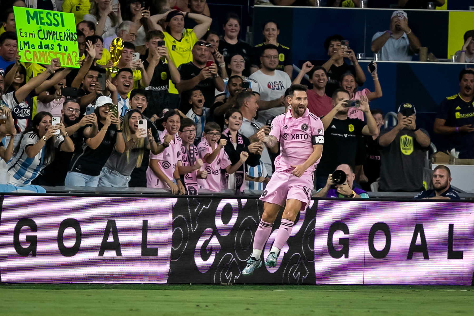 NASHVILLE, TN - AUGUST 19: Inter Miami forward Lionel Messi (10) leaps in celebration after scoring the opening goal during the Leagues Cup Final match between Nashville SC and Inter Miami CF on Saturday,  August 19, 2023 at GEODIS Park in Nashville, TN.  (Photo by Nick Tre. Smith/Icon Sportswire via Getty Images)