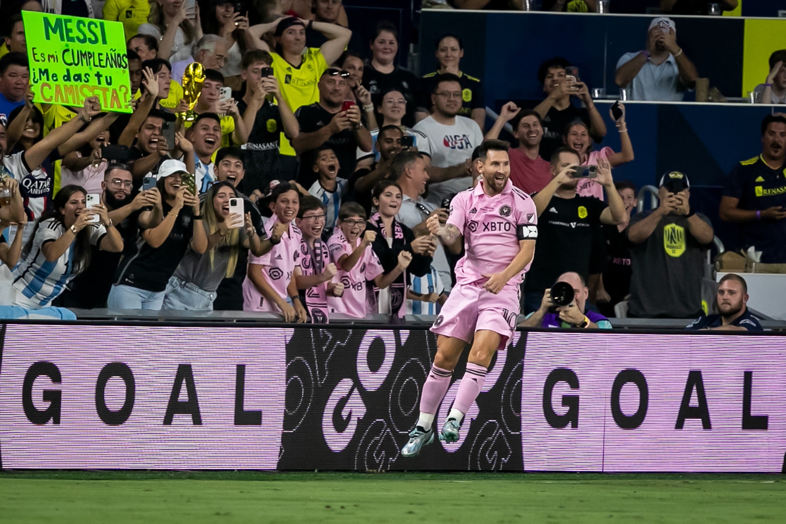 NASHVILLE, TN - AUGUST 19: Inter Miami forward Lionel Messi (10) leaps in celebration after scoring the opening goal during the Leagues Cup Final match between Nashville SC and Inter Miami CF on Saturday,  August 19, 2023 at GEODIS Park in Nashville, TN.  (Photo by Nick Tre. Smith/Icon Sportswire via Getty Images)