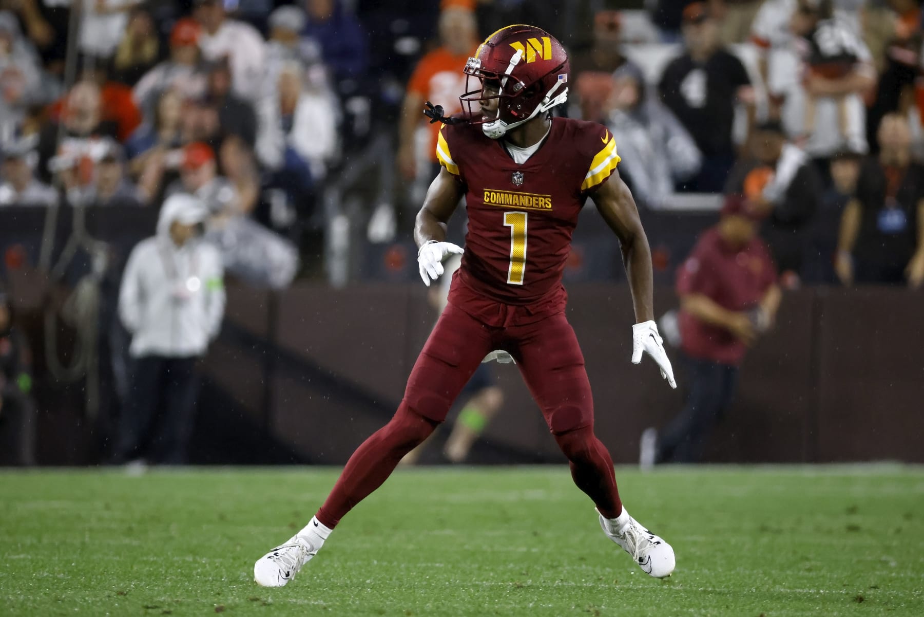 Washington Commanders wide receiver Jahan Dotson (1) runs across the field during an NFL pre-season football game against the Cleveland Browns, Friday, Aug. 11, 2023, in Cleveland. (AP Photo/Kirk Irwin)