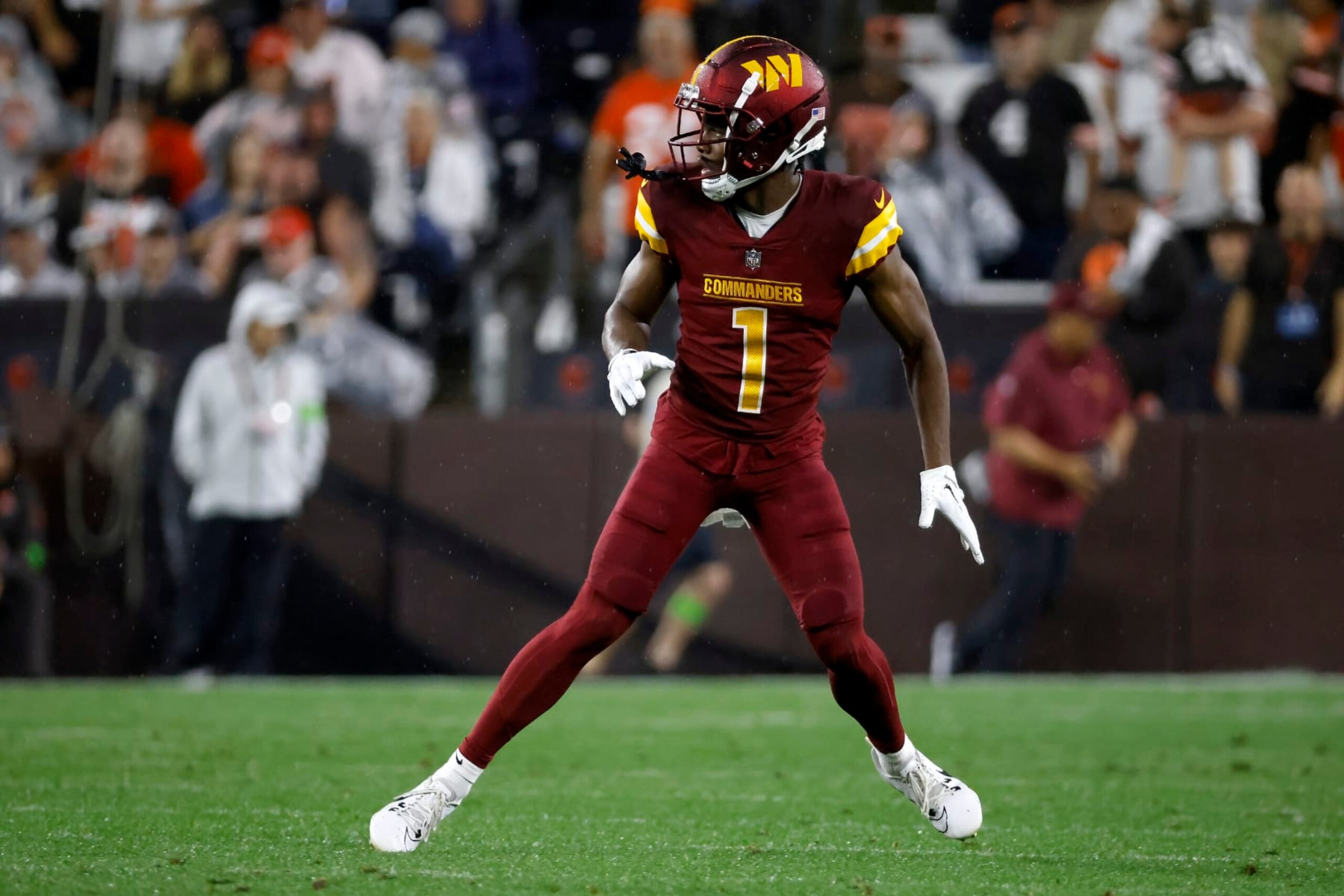 Washington Commanders wide receiver Jahan Dotson (1) runs across the field during an NFL pre-season football game against the Cleveland Browns, Friday, Aug. 11, 2023, in Cleveland. (AP Photo/Kirk Irwin)