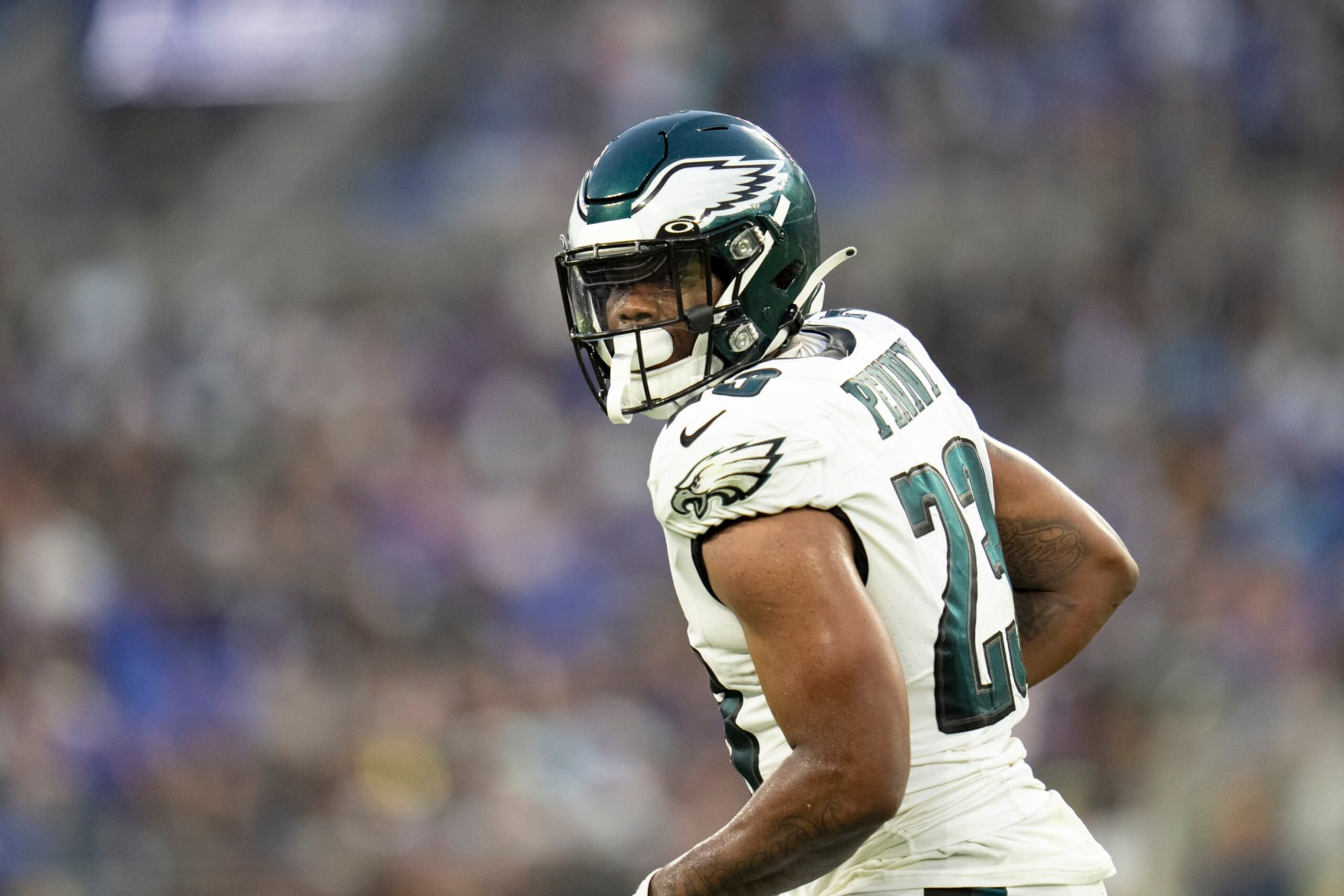 Philadelphia Eagles running back Rashaad Penny runs a play during the first half of a preseason NFL football game, Saturday, Aug. 12, 2023, in Baltimore. (AP Photo/Julio Cortez)