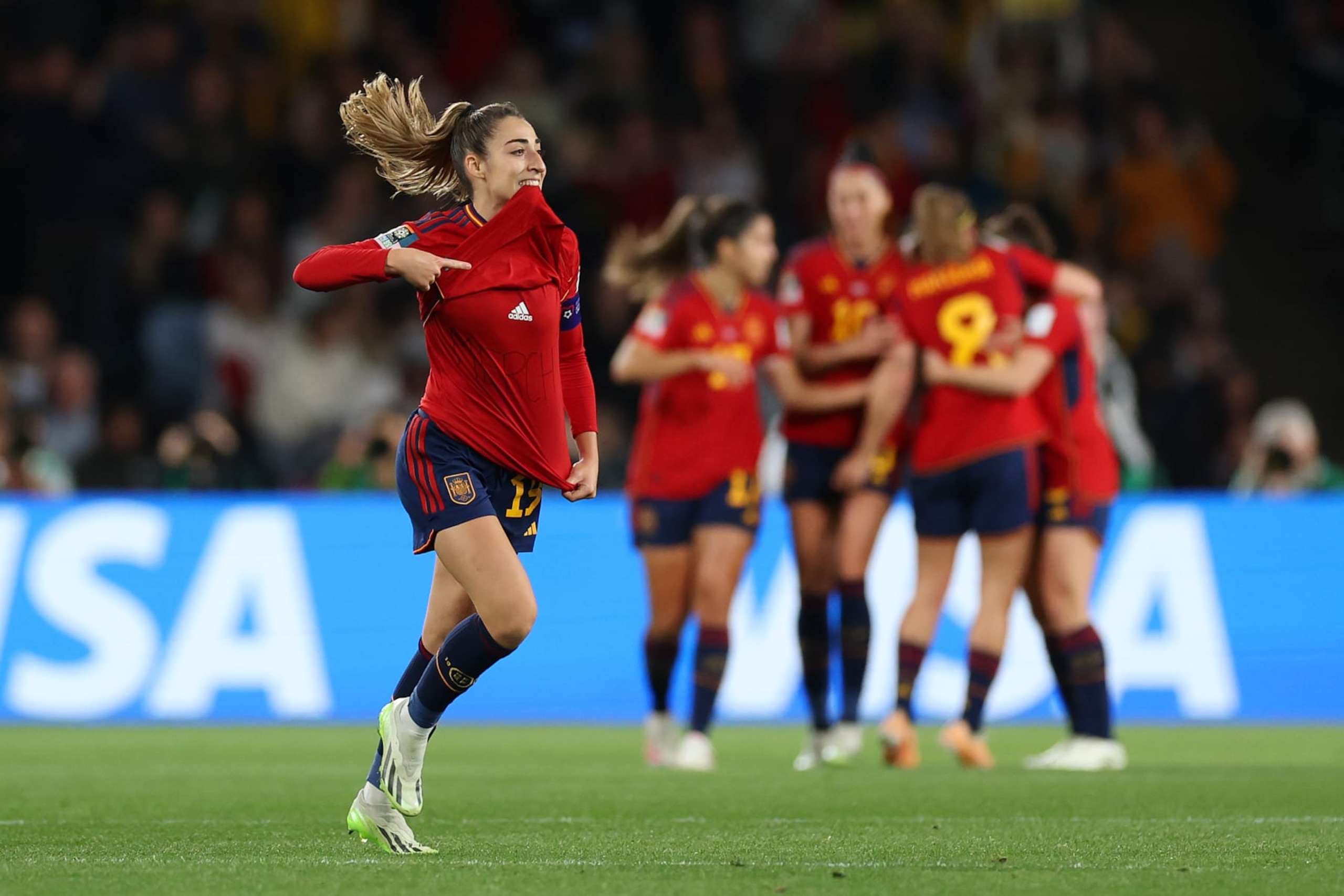 SYDNEY, AUSTRALIA - AUGUST 20: Olga Carmona of Spain celebrates after scoring her team's first goal during the FIFA Women's World Cup Australia & New Zealand 2023 Final match between Spain and England at Stadium Australia on August 20, 2023 in Sydney, Australia. (Photo by Catherine Ivill/Getty Images)