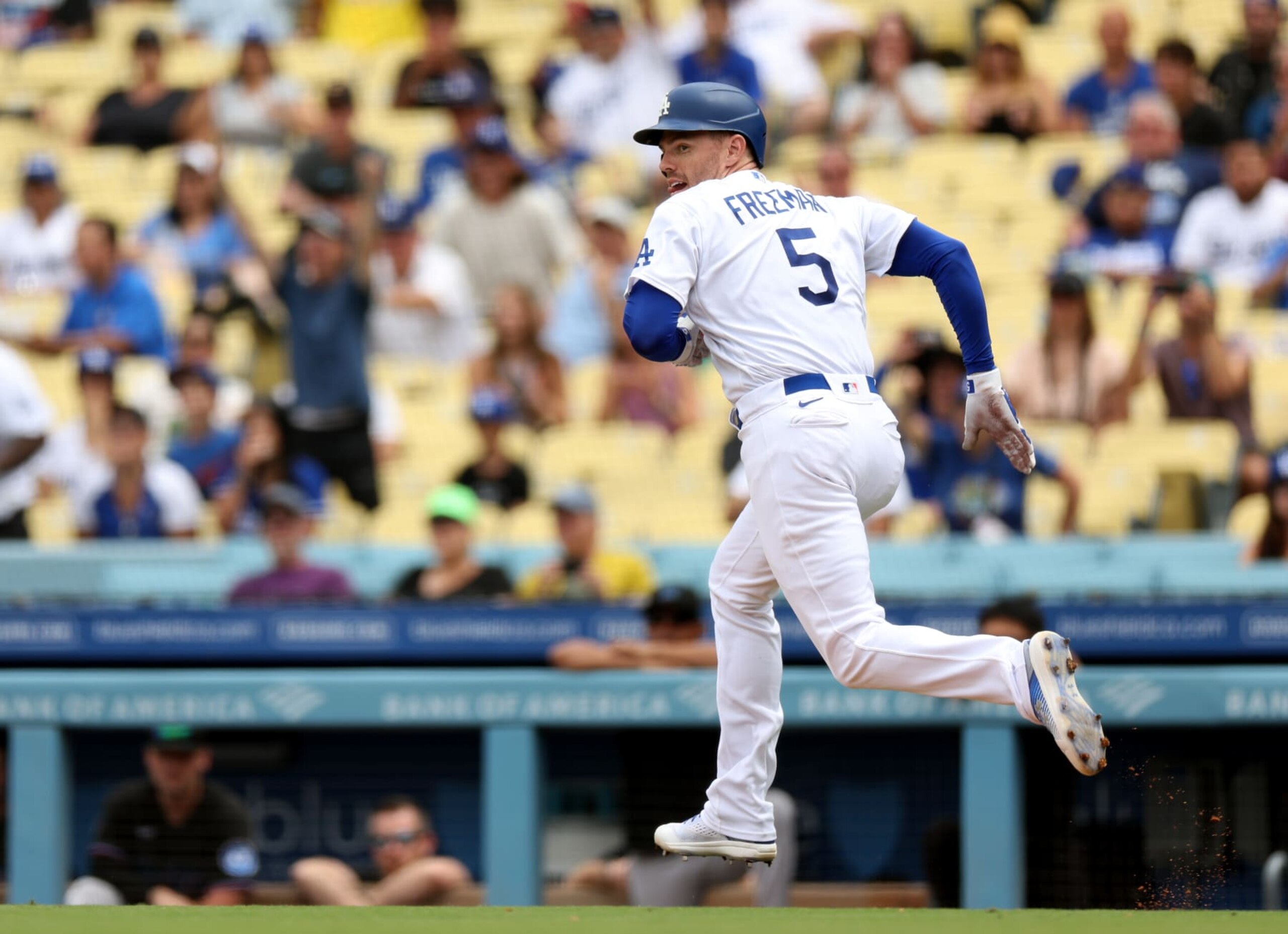 LOS ANGELES, CALIFORNIA - AUGUST 19: Freddie Freeman #5 of the Los Angeles Dodgers reacts to his double during the eighth inning against the Los Angeles Dodgers at Dodger Stadium on August 19, 2023 in Los Angeles, California. (Photo by Harry How/Getty Images) LOS ANGELES, CALIFORNIA - AUGUST 19: Freddie Freeman #5 of the Los Angeles Dodgers reacts to his double during the eighth inning against the Los Angeles Dodgers at Dodger Stadium on August 19, 2023 in Los Angeles, California. (Photo by Harry How/Getty Images)