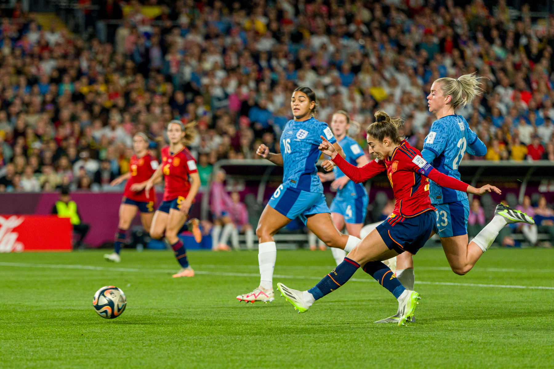 SYDNEY, AUSTRALIA - AUGUST 20: Olga Carmona (2nd R) of Spain scored the first goal for Spain during the FIFA Women's World Cup Australia & New Zealand 2023 Final match between Spain and England at Stadium Australia on August 20, 2023 in Sydney, Australia. (Photo by Andy Cheung/Getty Images)