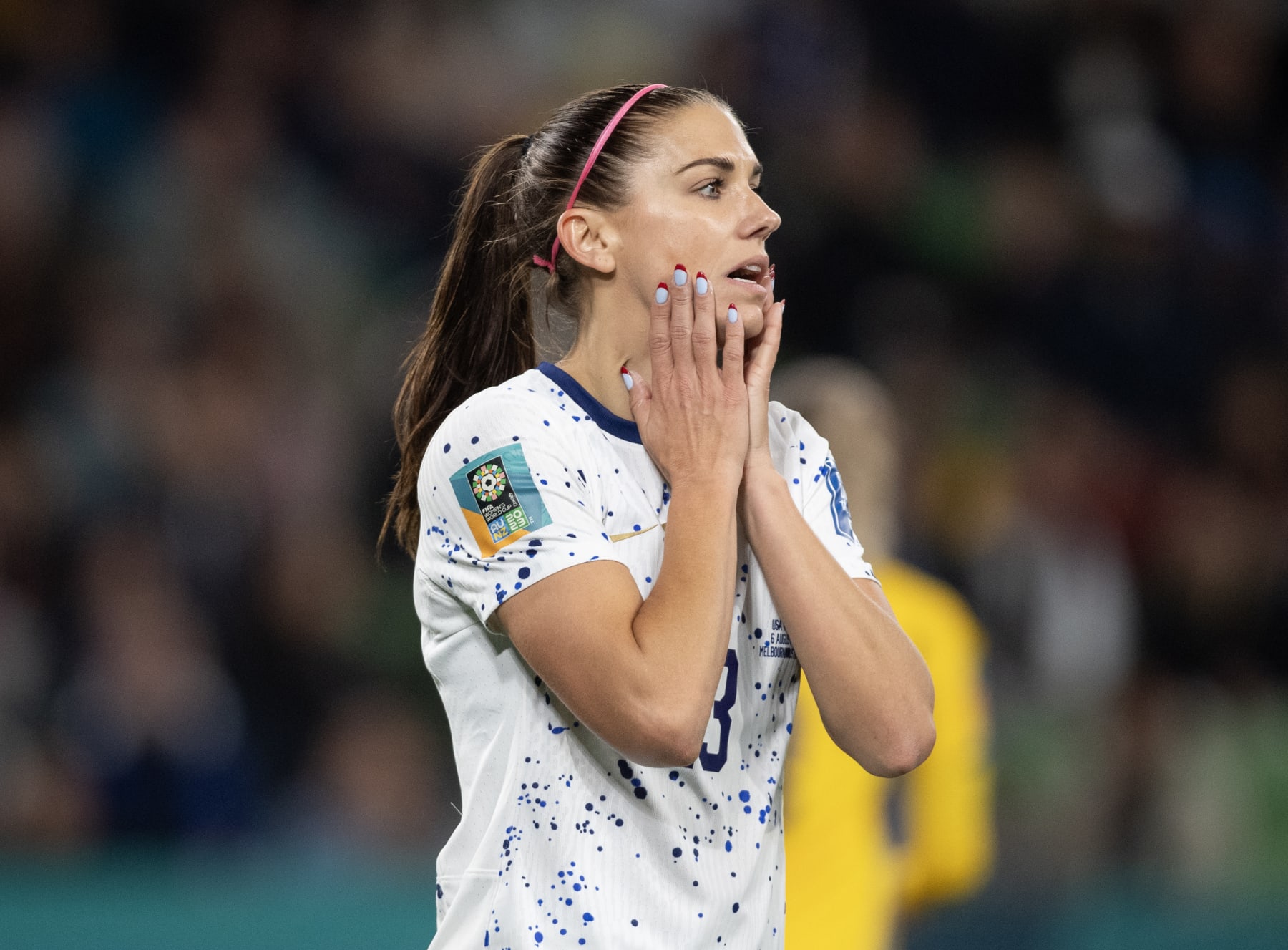 MELBOURNE, AUSTRALIA - AUGUST 6: Alex Morgan of USA looks dejected after missing a goalscoring opportunity during the FIFA Women's World Cup Australia & New Zealand 2023 Round of 16 match between Winner Group G and Runner Up Group E at Melbourne Rectangular Stadium on August 6, 2023 in Melbourne, Australia. (Photo by Joe Prior/Visionhaus via Getty Images)