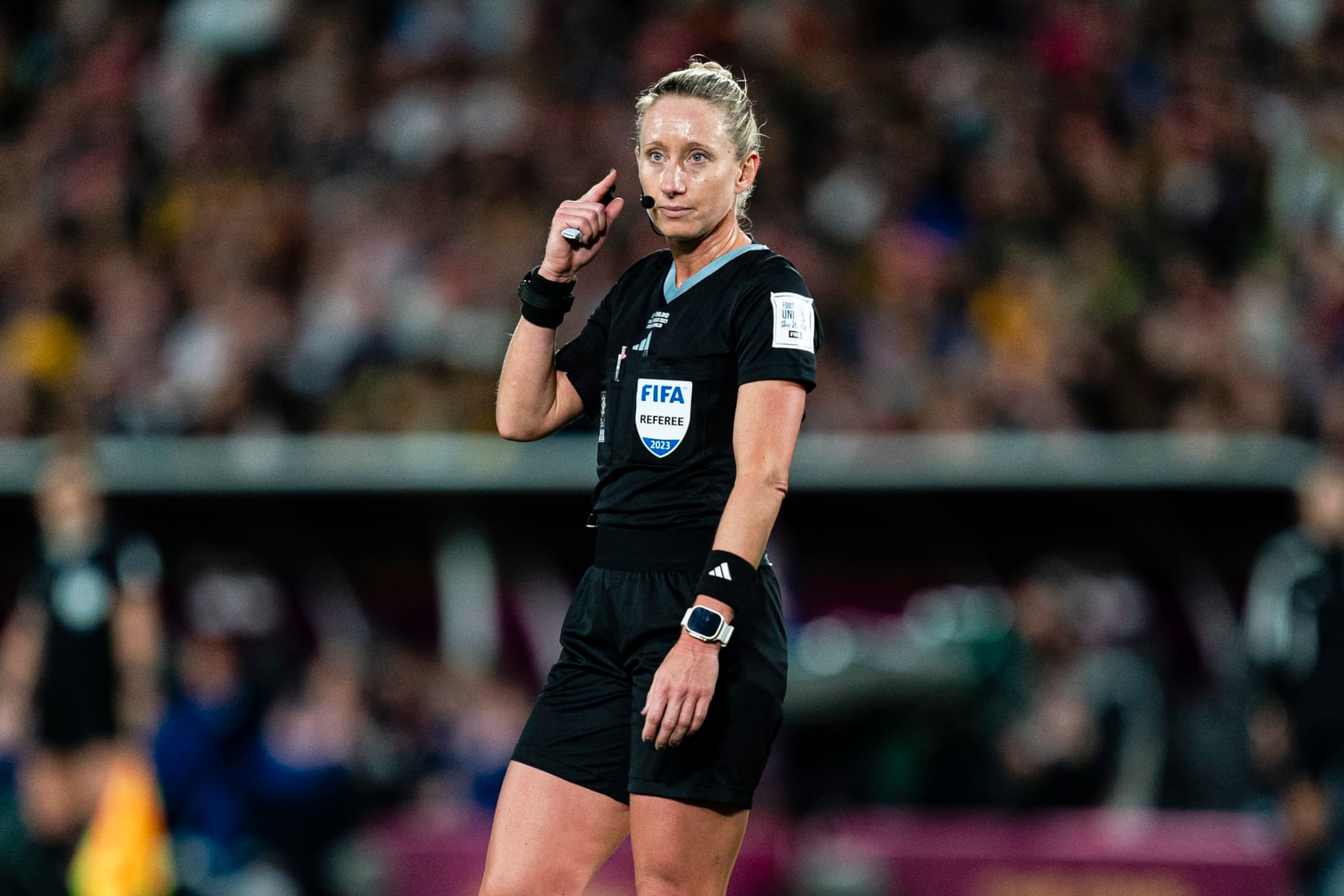 SYDNEY, AUSTRALIA - AUGUST 20: Referee Tori Penso gestures during the FIFA Women's World Cup Australia & New Zealand 2023 Final match between Spain and England at Stadium Australia on August 20, 2023 in Sydney, Australia. (Photo by Noemi Llamas//Eurasia Sport Images/Getty Images)