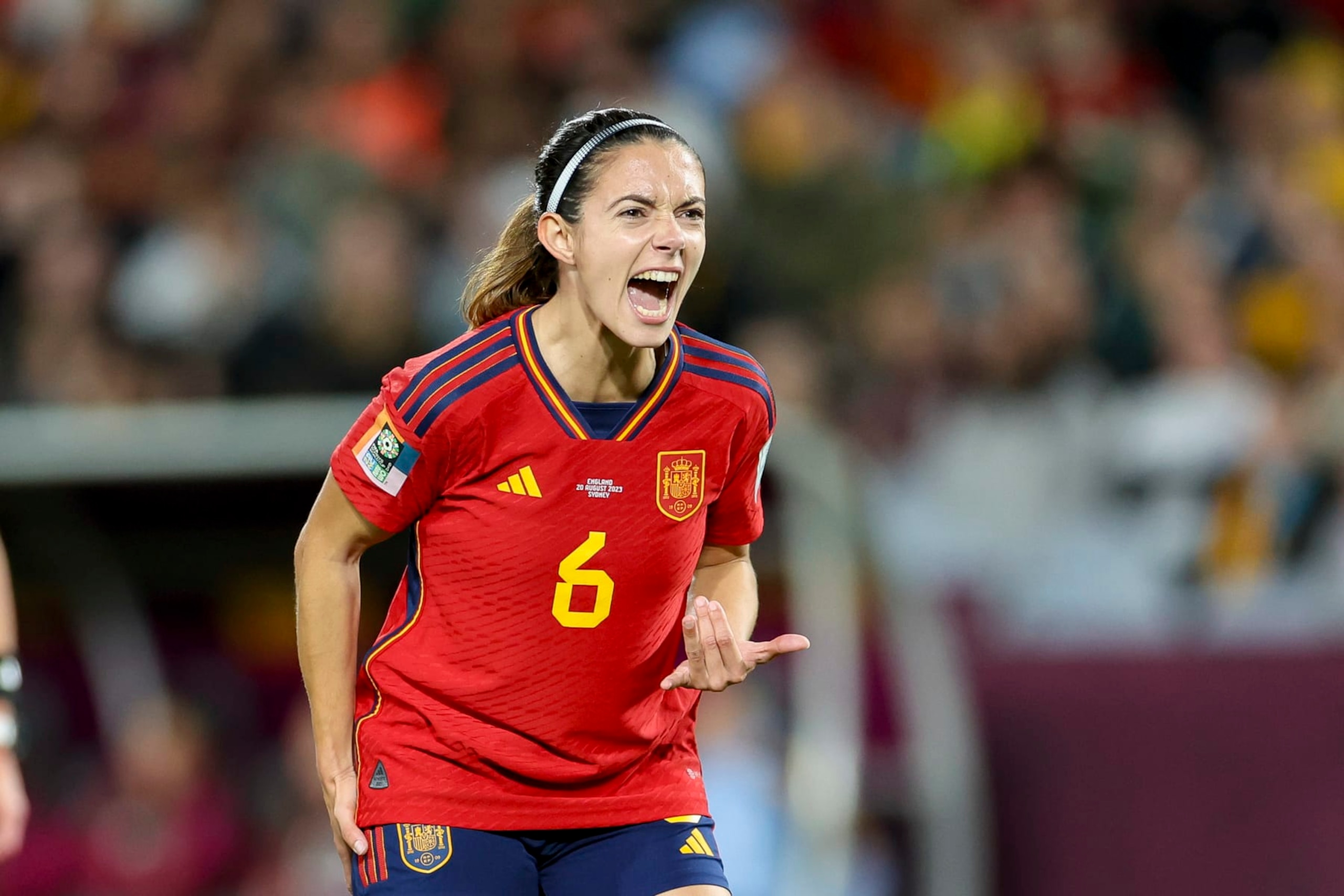 SYDNEY, AUSTRALIA - AUGUST 20: Aitana Bonmati of Spain gestures during the FIFA Women's World Cup Australia & New Zealand 2023 Final match between Spain and England at Stadium Australia on August 20, 2023 in Sydney, Australia. (Photo by Sajad Imanian/DeFodi Images via Getty Images)