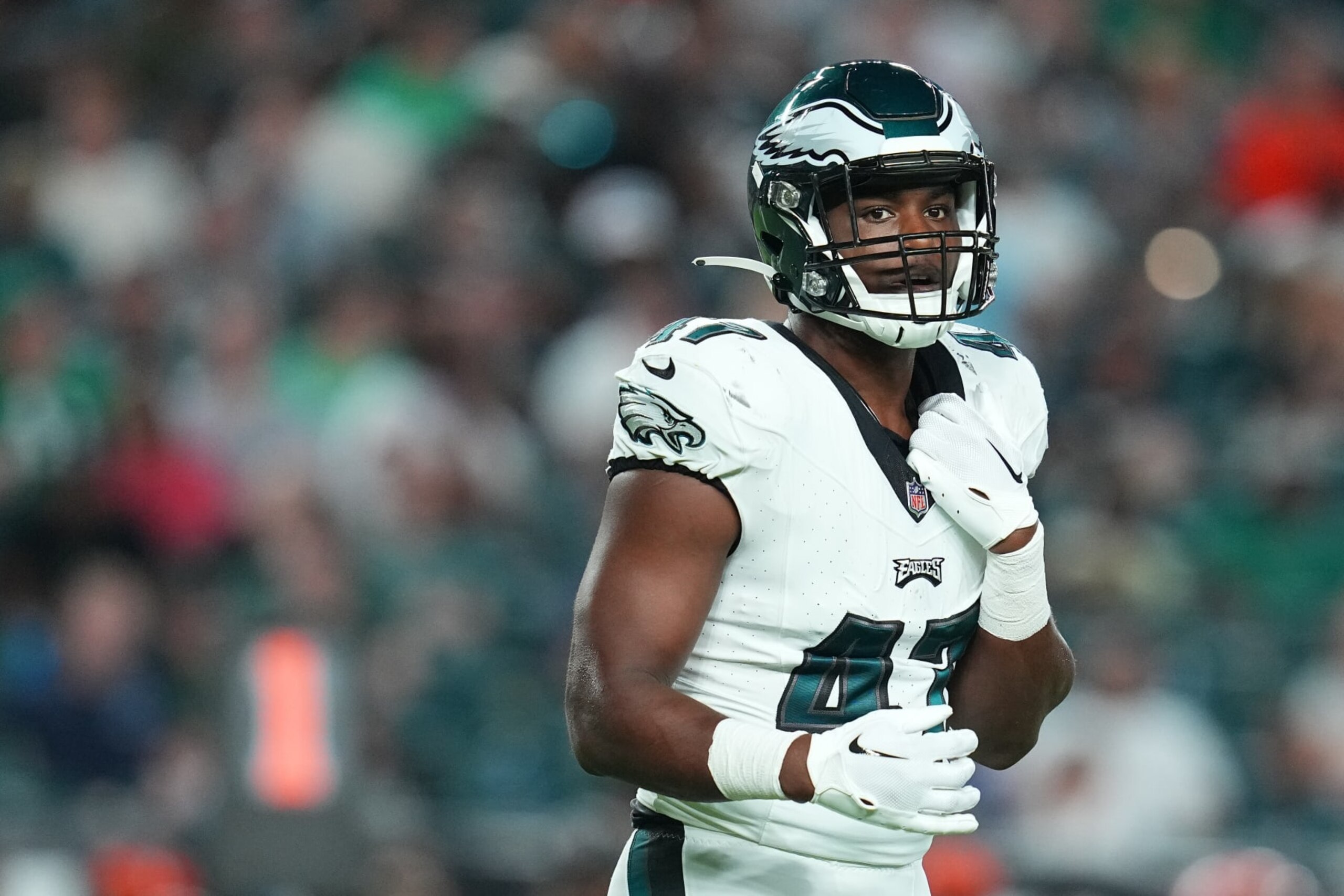 PHILADELPHIA, PENNSYLVANIA - AUGUST 17: Myles Jack #47 of the Philadelphia Eagles looks on against the Cleveland Browns during the preseason game at Lincoln Financial Field on August 17, 2023 in Philadelphia, Pennsylvania. The Browns tied the Eagles 18-18. (Photo by Mitchell Leff/Getty Images)