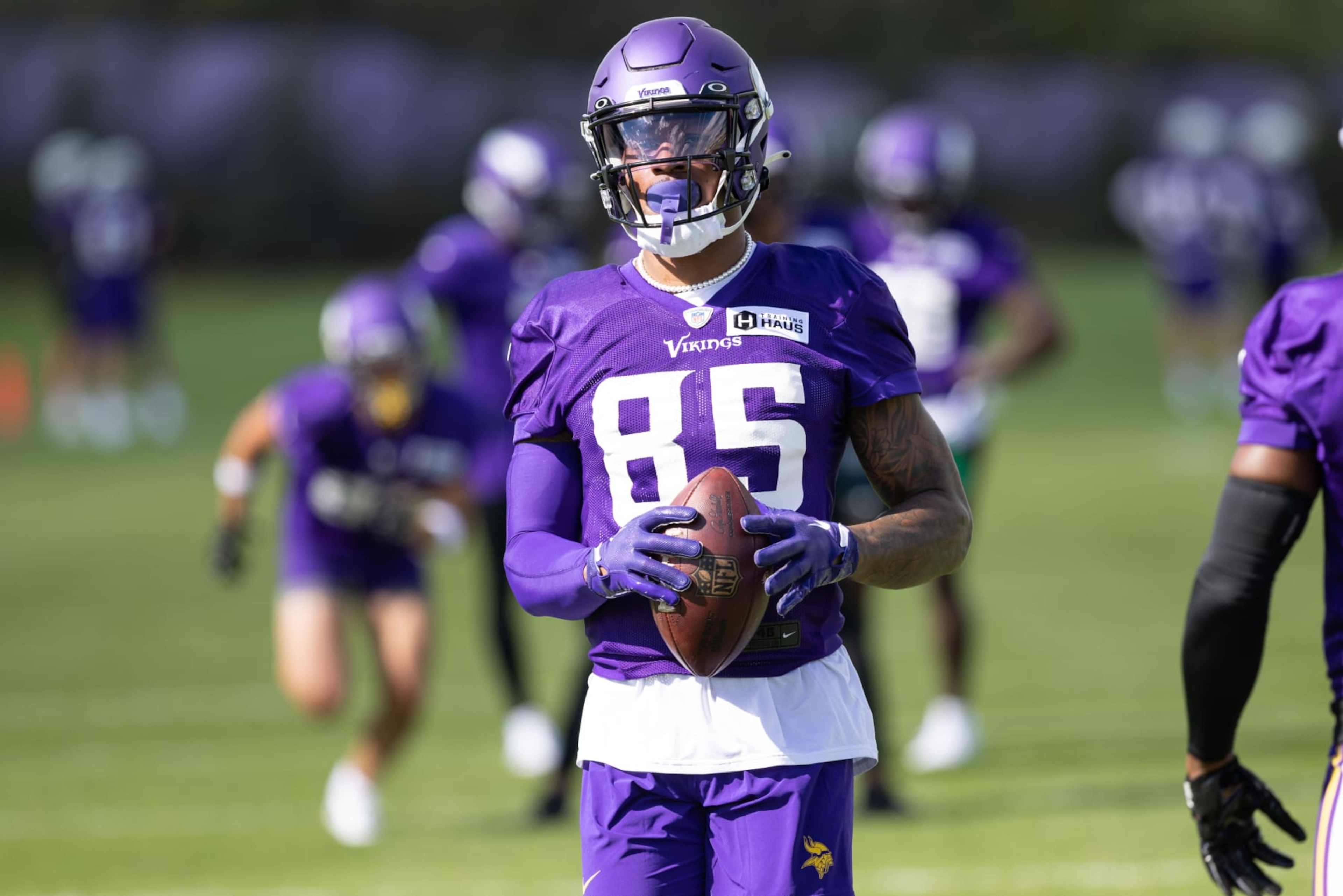 EAGAN, MN - AUGUST 12: Minnesota Vikings N'Keal
Harry (85) runs with the ball during Minnesota Vikings Training Camp at TCO Performance Center on August 12, 2023 in Eagan, Minnesota. (Photo by Bailey Hillesheim/Icon Sportswire via Getty Images) EAGAN, MN - AUGUST 12: Minnesota Vikings N'Keal
Harry (85) runs with the ball during Minnesota Vikings Training Camp at TCO Performance Center on August 12, 2023 in Eagan, Minnesota. (Photo by Bailey Hillesheim/Icon Sportswire via Getty Images)