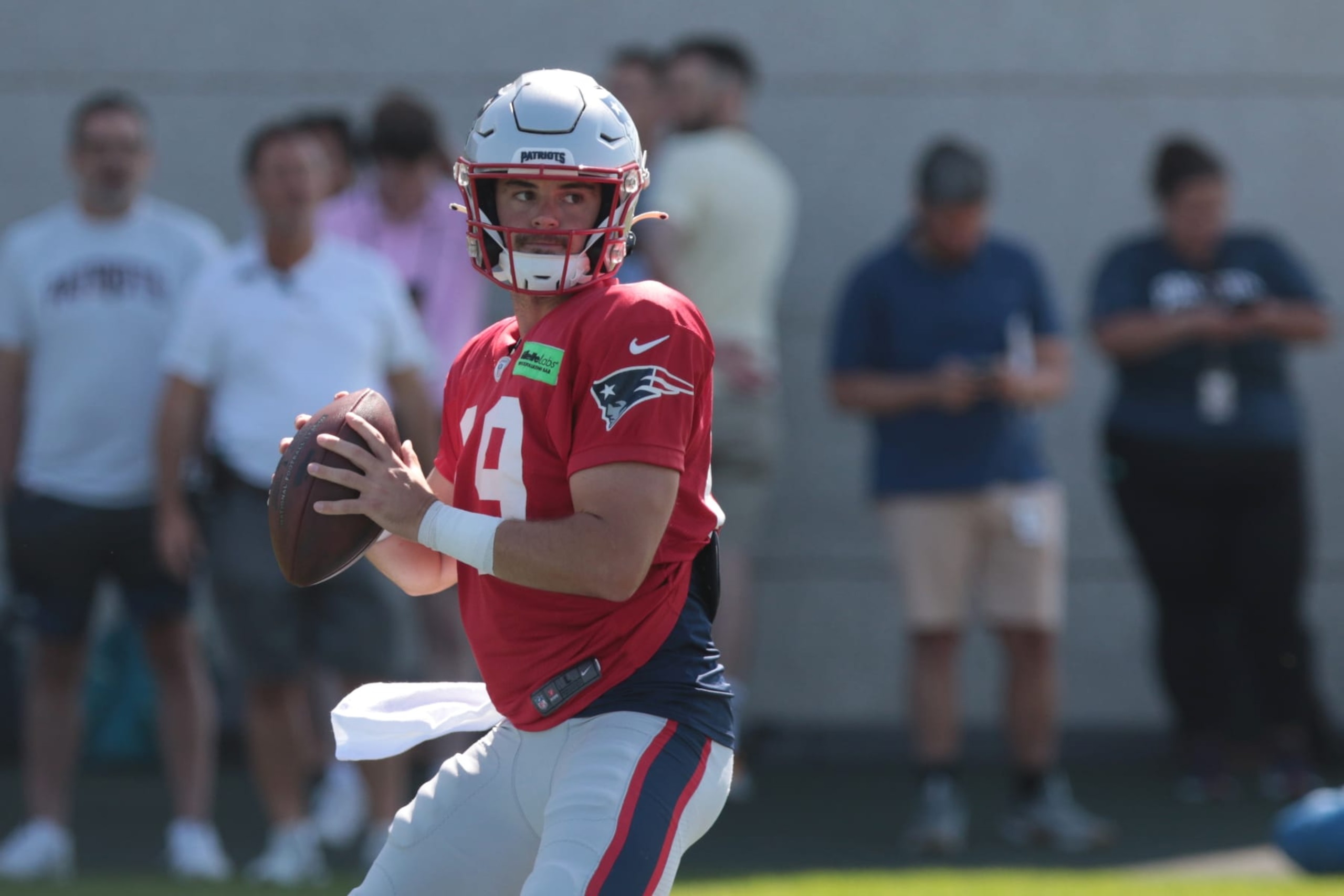 ASHWAUBENON, WI - AUGUST 16:  New England Patriots quarterback Trace McSorley (19) passes during a joint training camp practice between the Green Bay Packers and the New England Patriots at Ray Nitschke Field on August 16, 2023 in Ashwaubenon, WI. (Photo by Larry Radloff/Icon Sportswire via Getty Images)