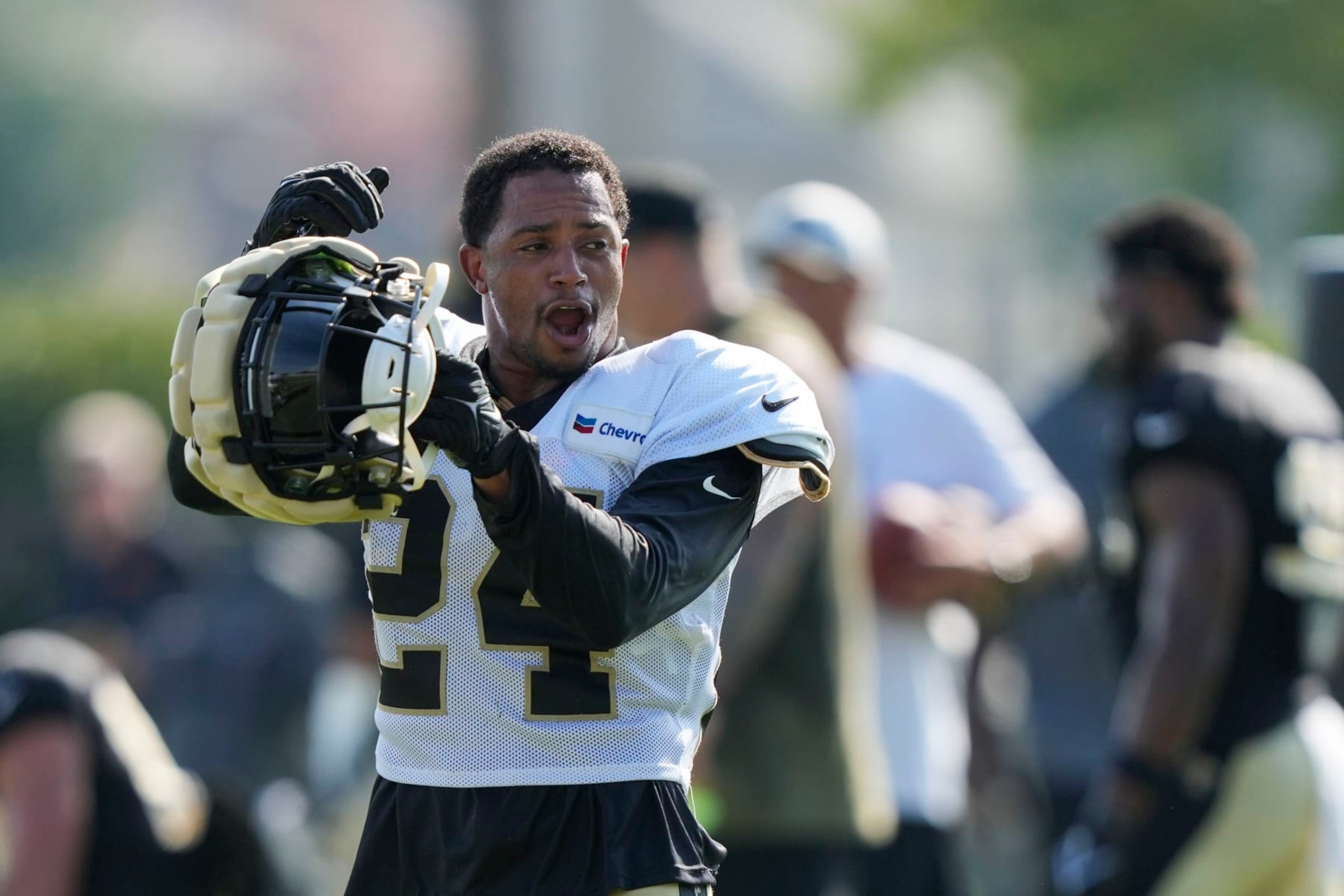 New Orleans Saints safety Johnathan Abram (24) reacts after stretches at the NFL team's football training camp in Metairie, La., Tuesday, Aug. 1, 2023. (AP Photo/Gerald Herbert)