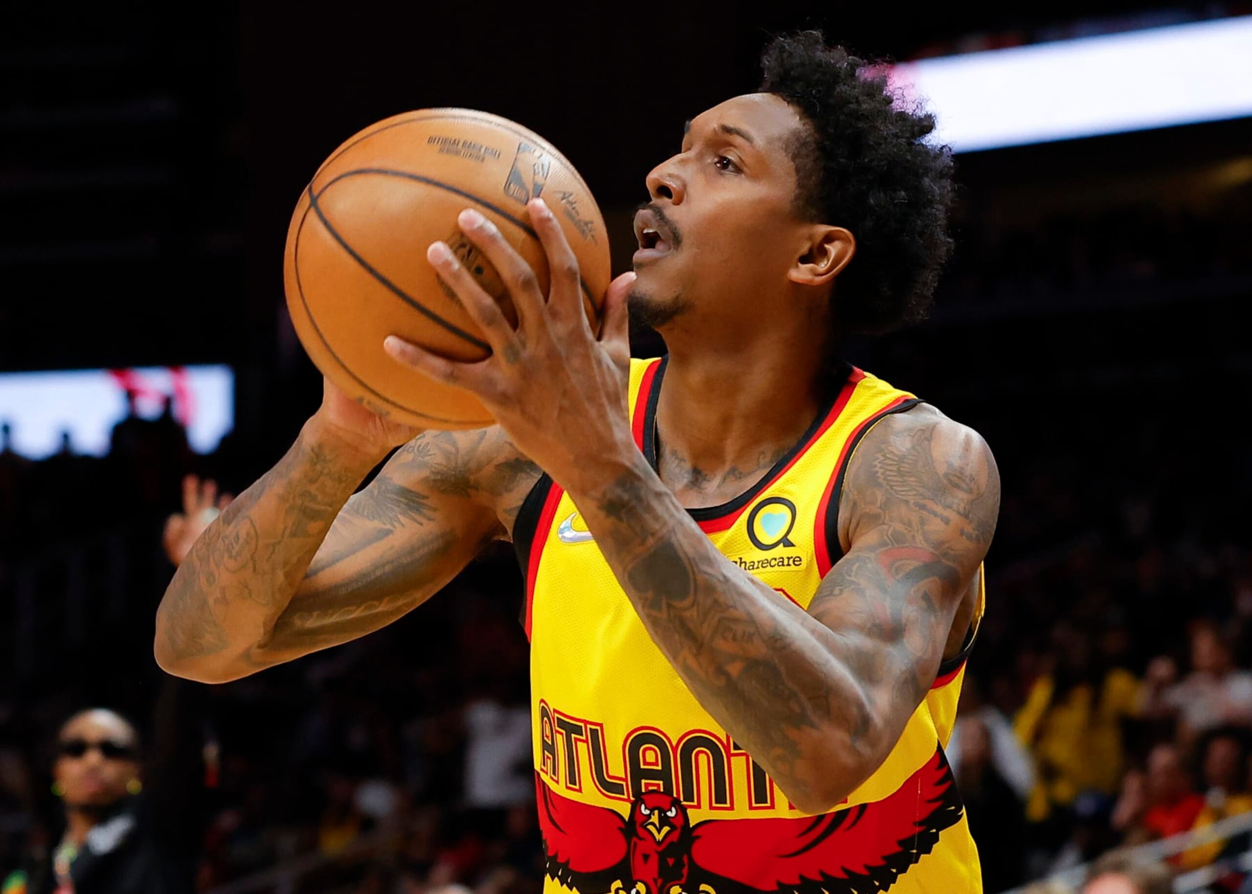 ATLANTA, GA - APRIL 02: Lou Williams #6 of the Atlanta Hawks shoots during the second half against the Brooklyn Nets at State Farm Arena on April 2, 2022 in Atlanta, Georgia. NOTE TO USER: User expressly acknowledges and agrees that, by downloading and or using this photograph, User is consenting to the terms and conditions of the Getty Images License Agreement. (Photo by Todd Kirkland/Getty Images)
