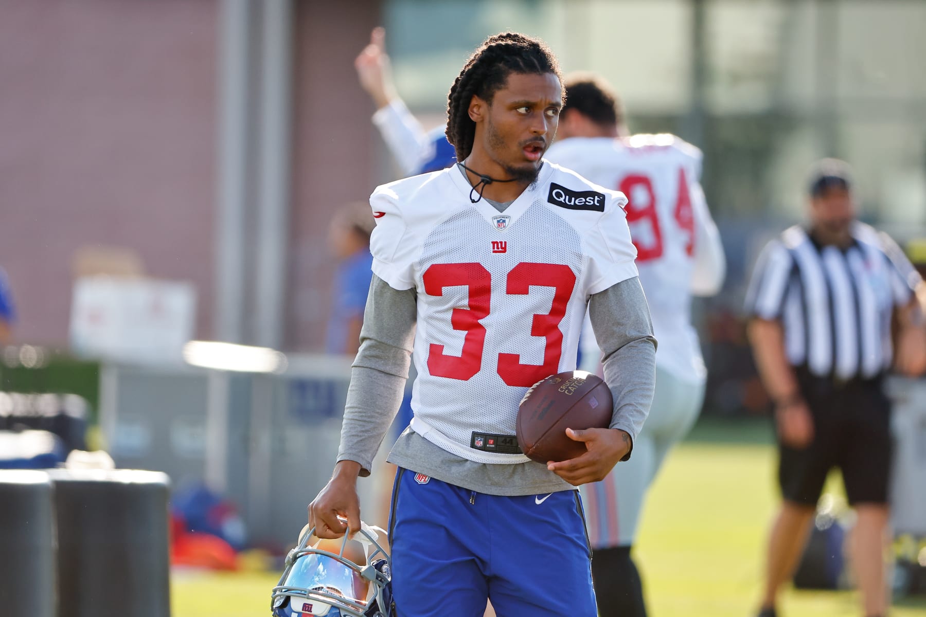EAST RUTHERFORD, NJ - AUGUST 01:  Aaron Robinson #33 of the New York Giants during training camp at the Quest Diagnostics Training Center on August 1, 2023 in East Rutherford, New Jersey.  (Photo by Rich Graessle/Icon Sportswire via Getty Images)