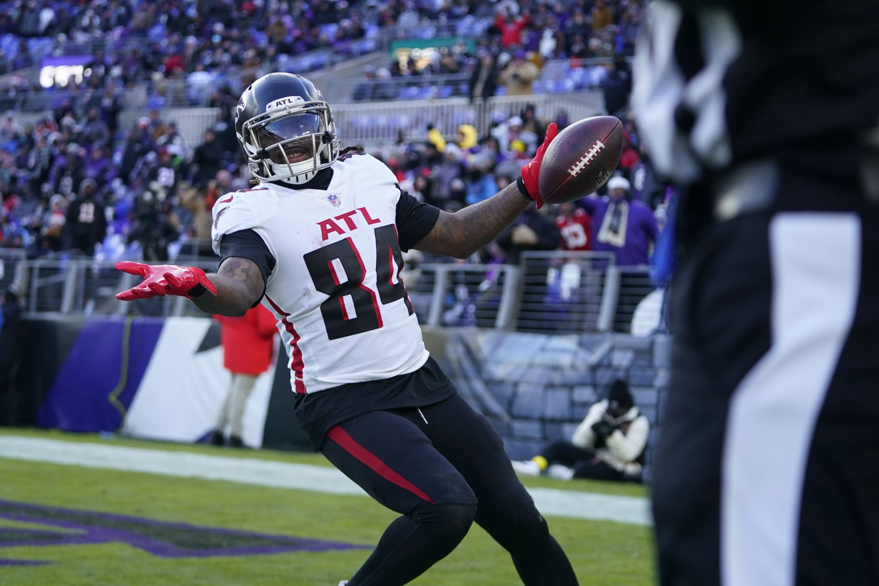 Atlanta Falcons running back Cordarrelle Patterson (84) reacts to the official after scoring on a touchdown that was called back due to an offensive penalty during the second half of an NFL football game against the Baltimore Ravens, Saturday, Dec. 24, 2022, in Baltimore. (AP Photo/Julio Cortez)