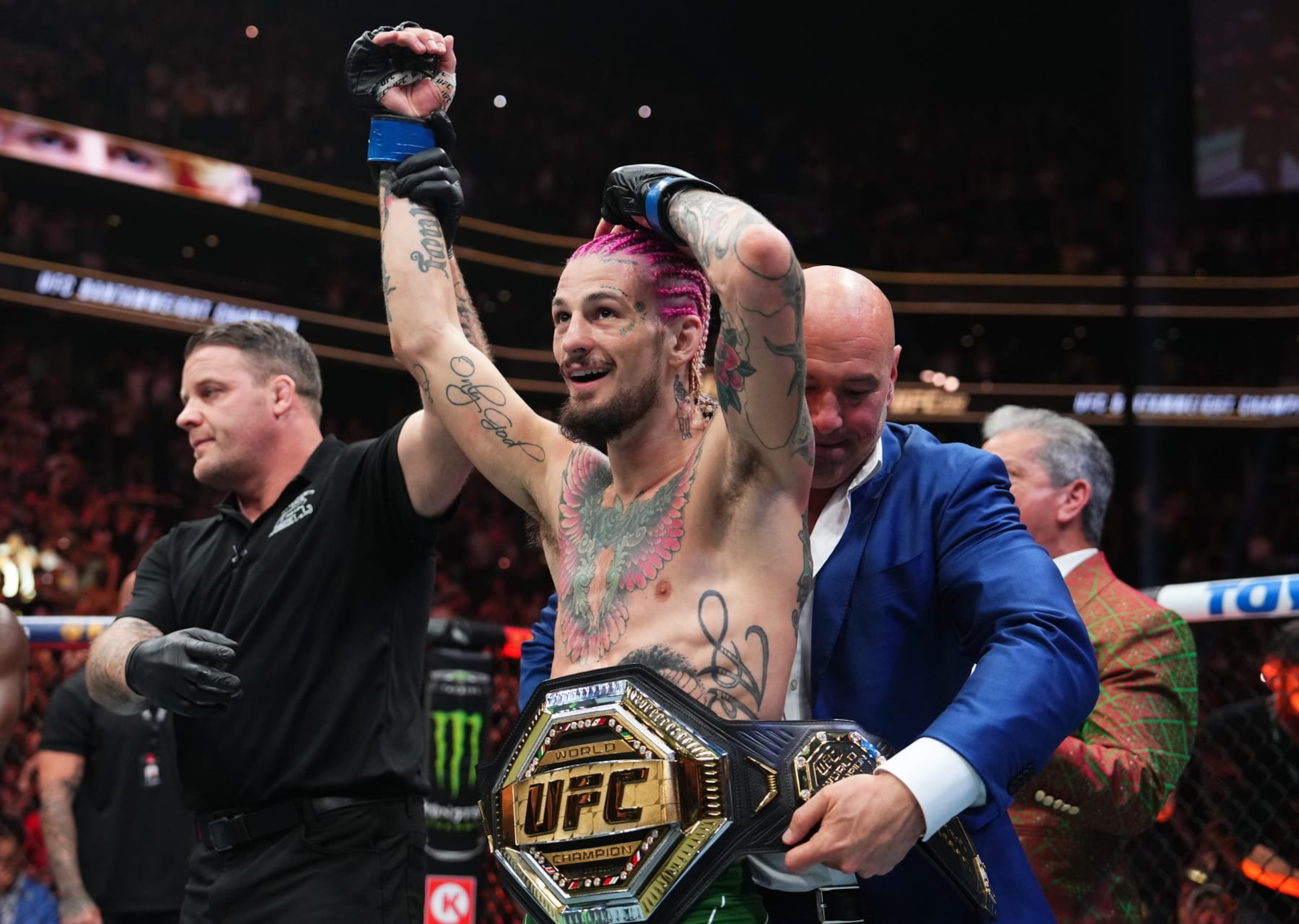 BOSTON, MASSACHUSETTS - AUGUST 19: Sean O'Malley reacts after his knockout victory over Aljamain Sterling in the UFC bantamweight championship fight during the UFC 292 event at TD Garden on August 19, 2023 in Boston, Massachusetts. (Photo by Cooper Neill/Zuffa LLC via Getty Images)
