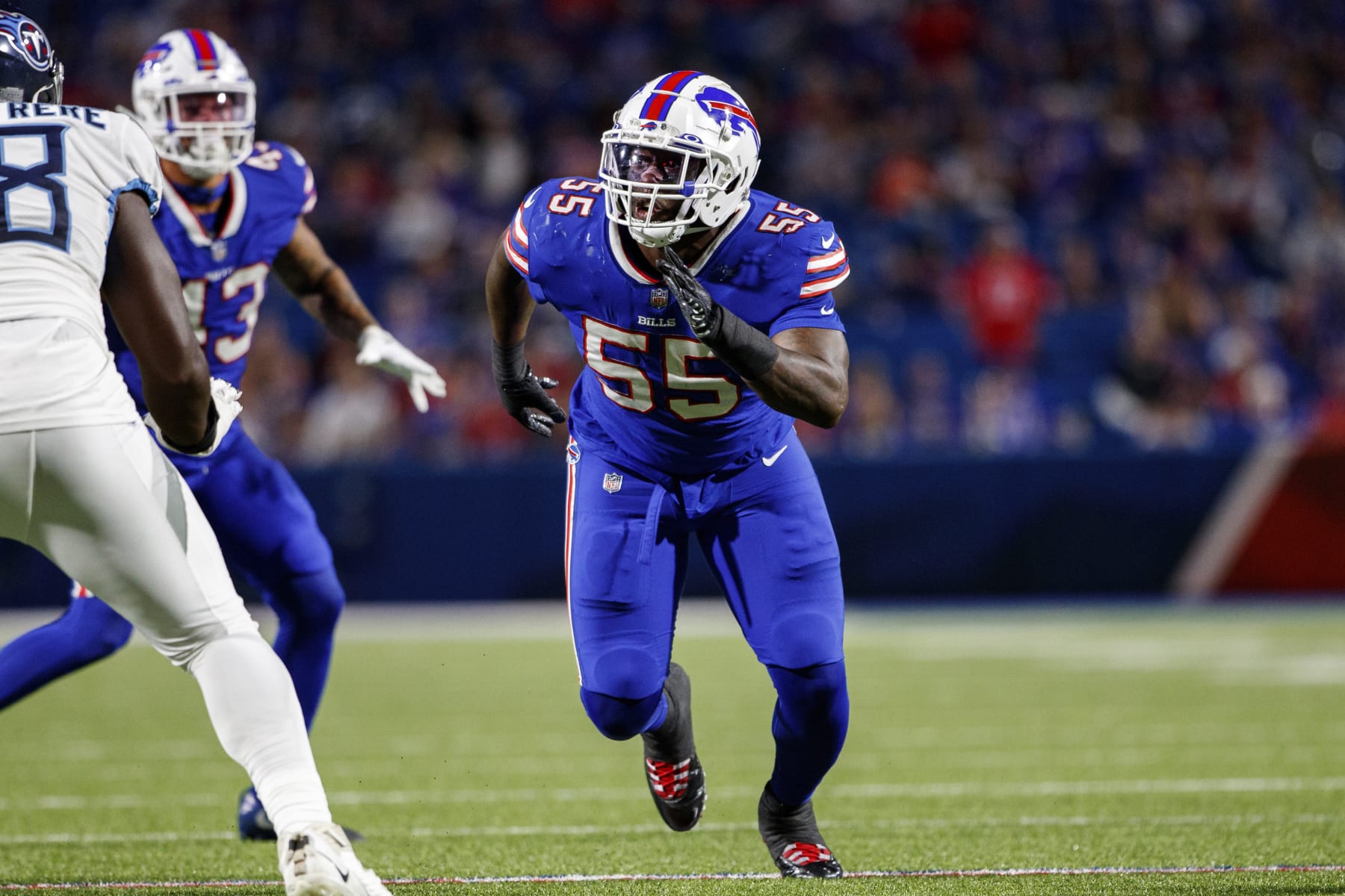 Buffalo Bills defensive end Boogie Basham (55) defends during an NFL football game, Monday, Sept. 19, 2022, in Orchard Park, NY. (AP Photo/Matt Durisko)