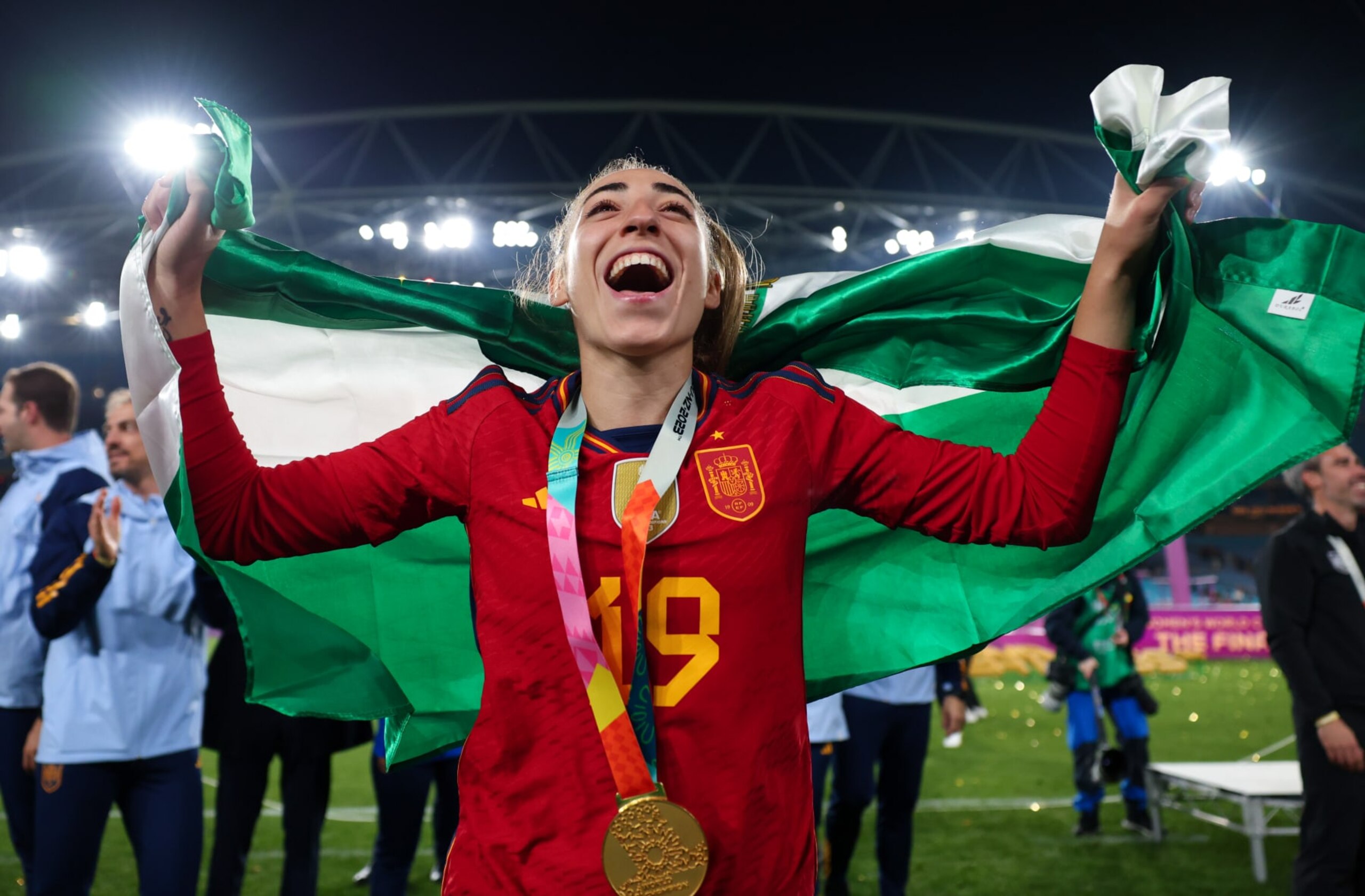 SYDNEY, AUSTRALIA - AUGUST 20:  Olga Carmona of Spain celebrates after the FIFA Women's World Cup Australia & New Zealand 2023 Final match between Spain and England at Stadium Australia on August 20, 2023 in Sydney, Australia. (Photo by Marc Atkins/Getty Images,)