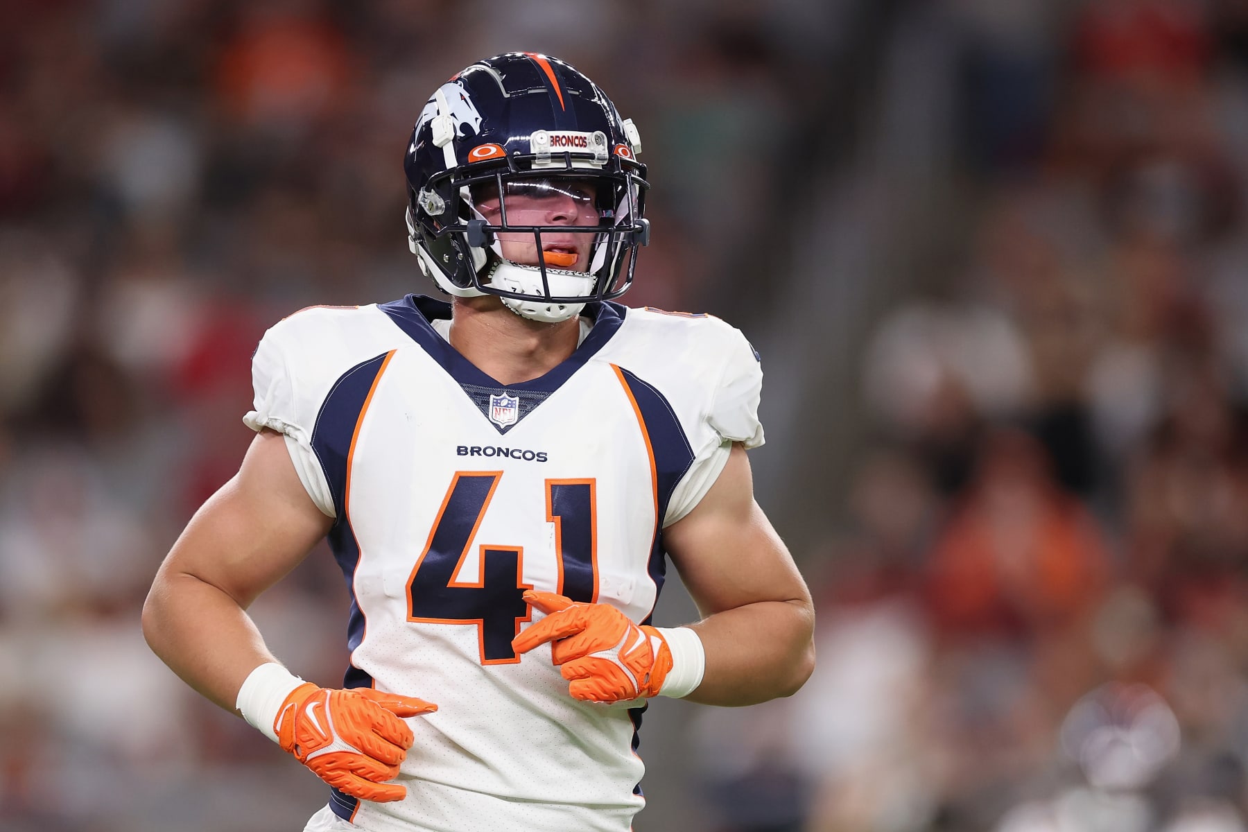 GLENDALE, ARIZONA - AUGUST 11: Linebacker Drew Sanders #41 of the Denver Broncos during the NFL game at State Farm Stadium on August 11, 2023 in Glendale, Arizona.  The Cardinals defeated the Broncos 18-17.  (Photo by Christian Petersen/Getty Images)